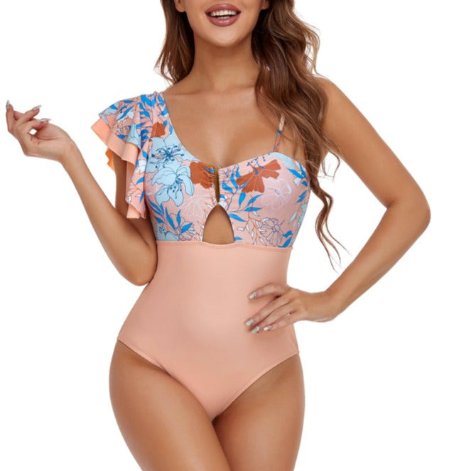 Flaxmaker One Shoulder Solid Color Printed Sexy One Piece Swimsuit