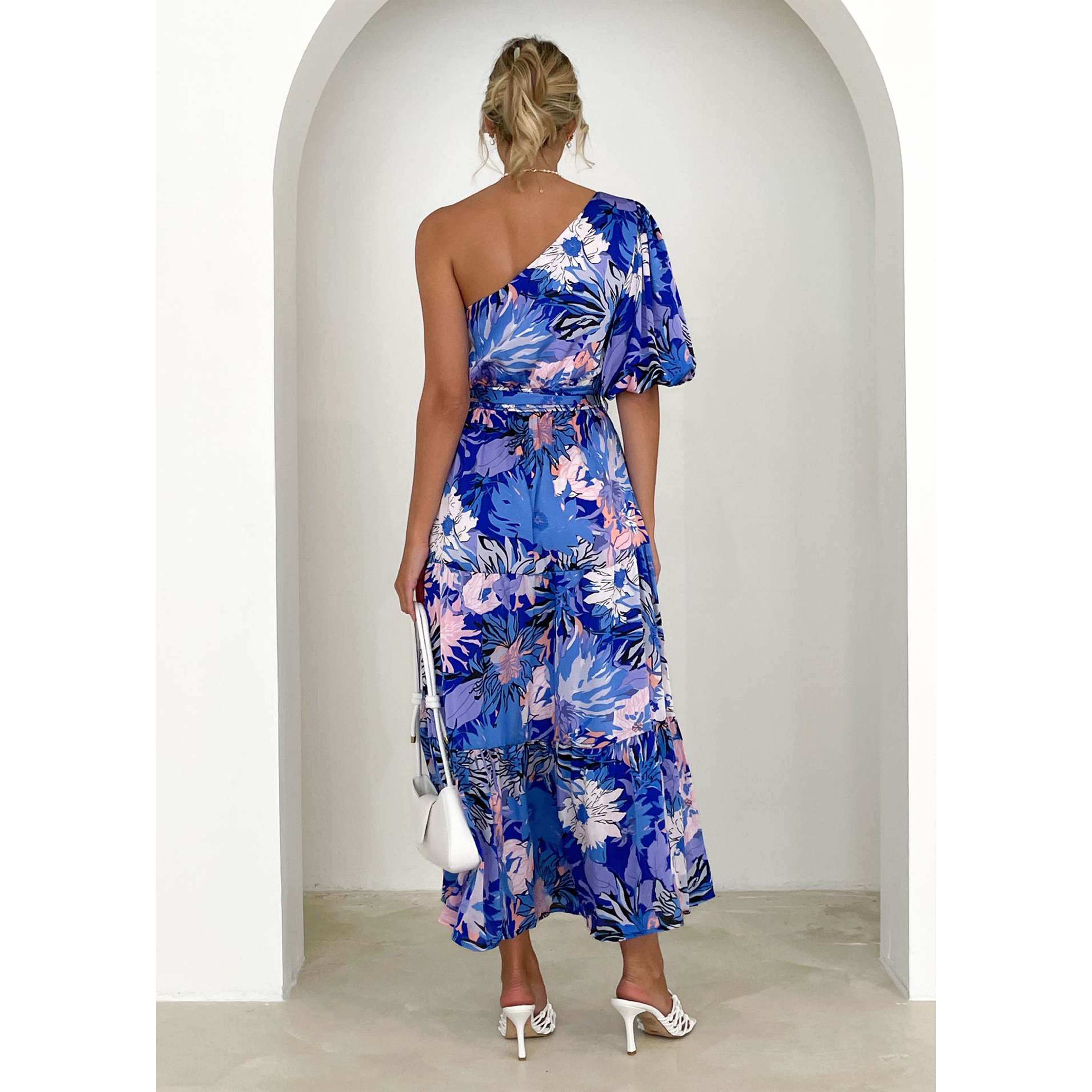 One Shoulder Puff Sleeve Blossom Printed Dress
