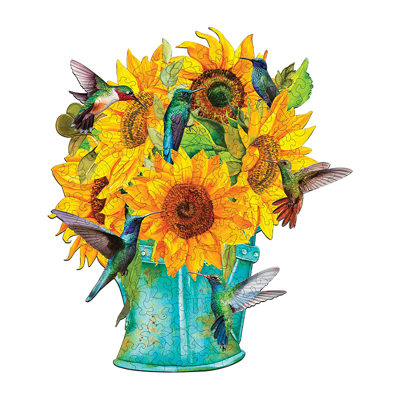 JEFFPUZZLE™ Hummingbirds Feeding on Sunflower Wooden Puzzle