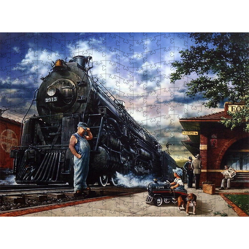 JEFFPUZZLE™ Train Station Scene Wooden Puzzle