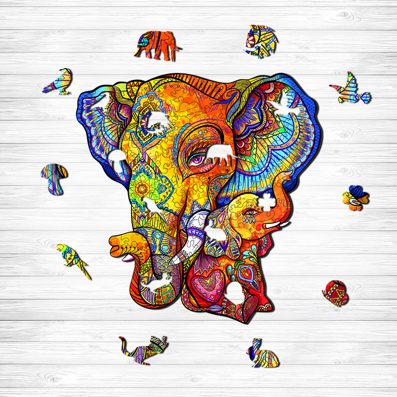 JEFFPUZZLE™ Mother  Elephant and Calf Wooden Puzzle