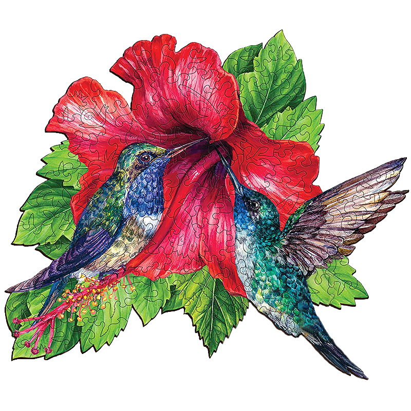 JEFFPUZZLE™ Hummingbirds Feeding on Hibiscus Wooden Puzzle