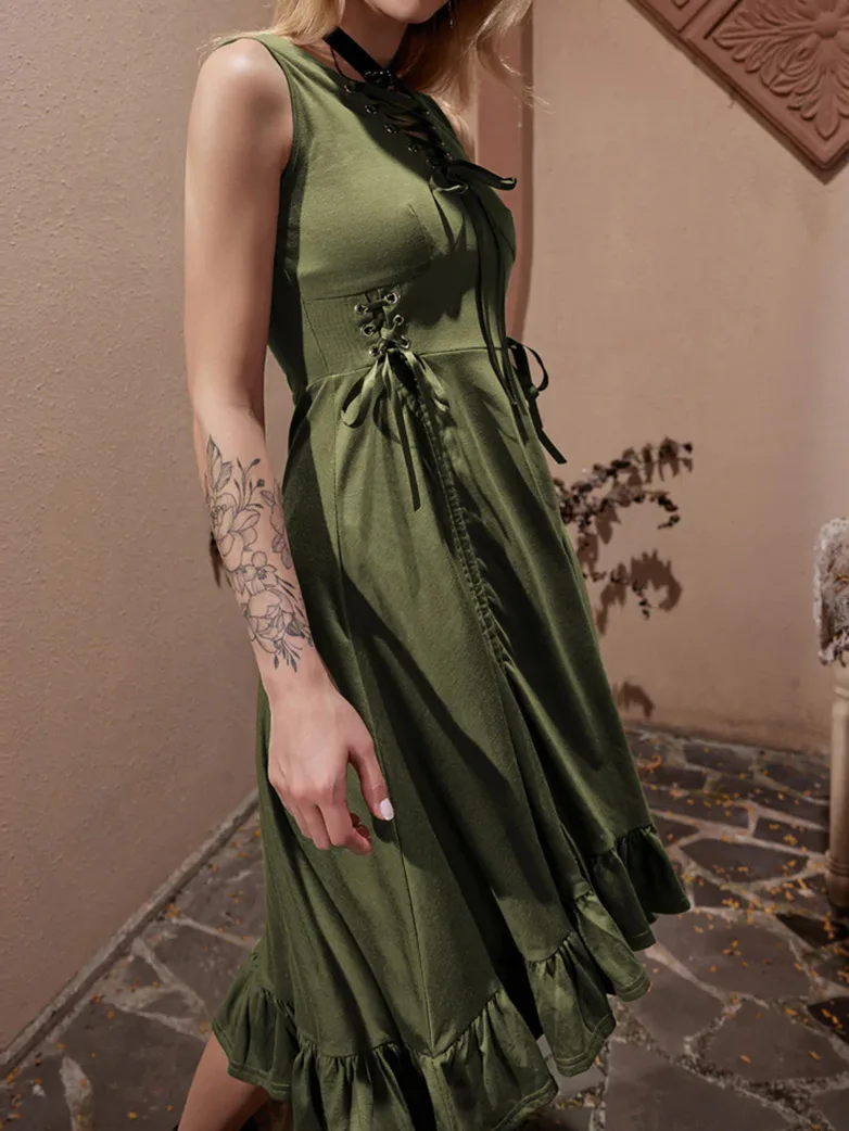 Women Steampunk Lace-up Drawstring High-lo Dress