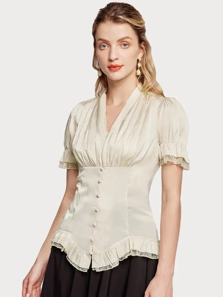 Victorian Pleated Shirt Lace Up Work Blouse