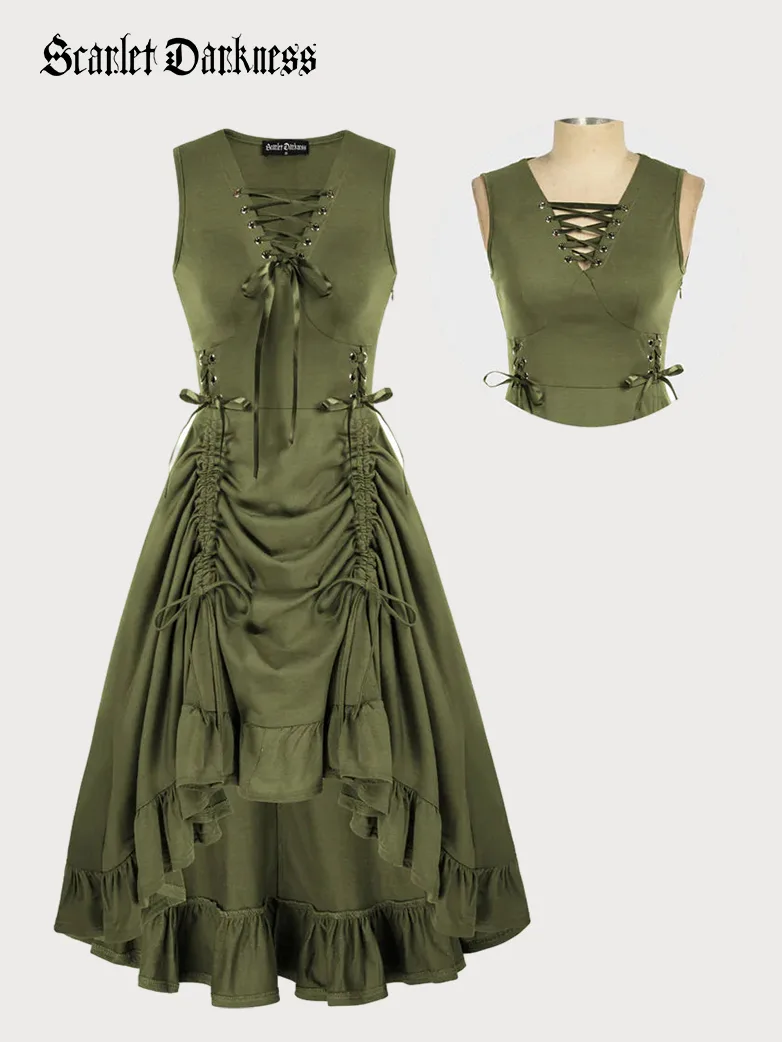 Women Steampunk Lace-up Drawstring High-lo Dress