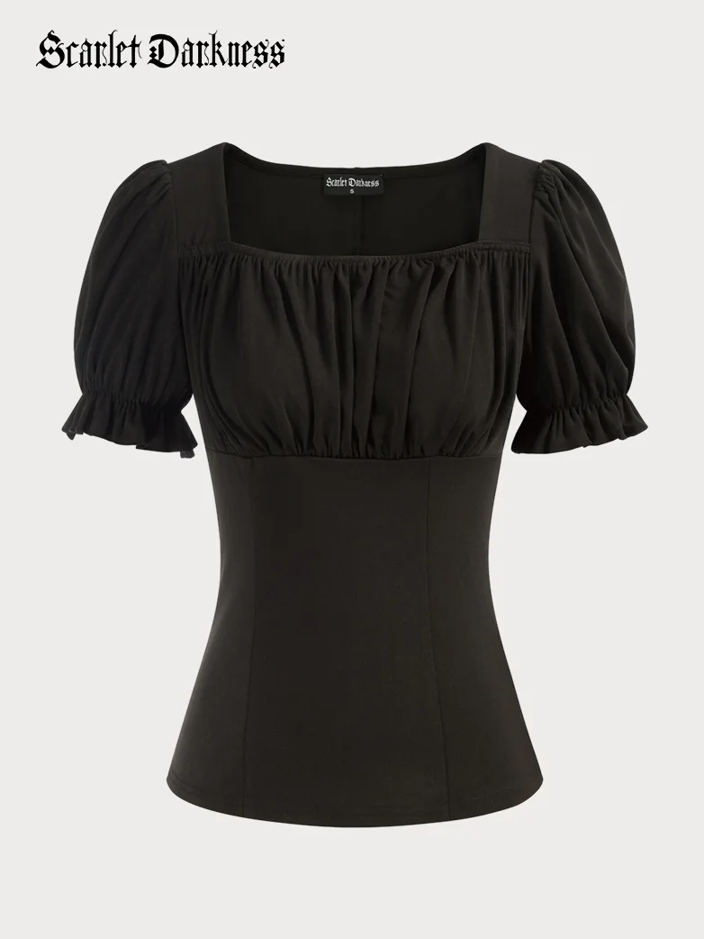 Square Neck Slim Fit Short Sleeve Ruched Tops