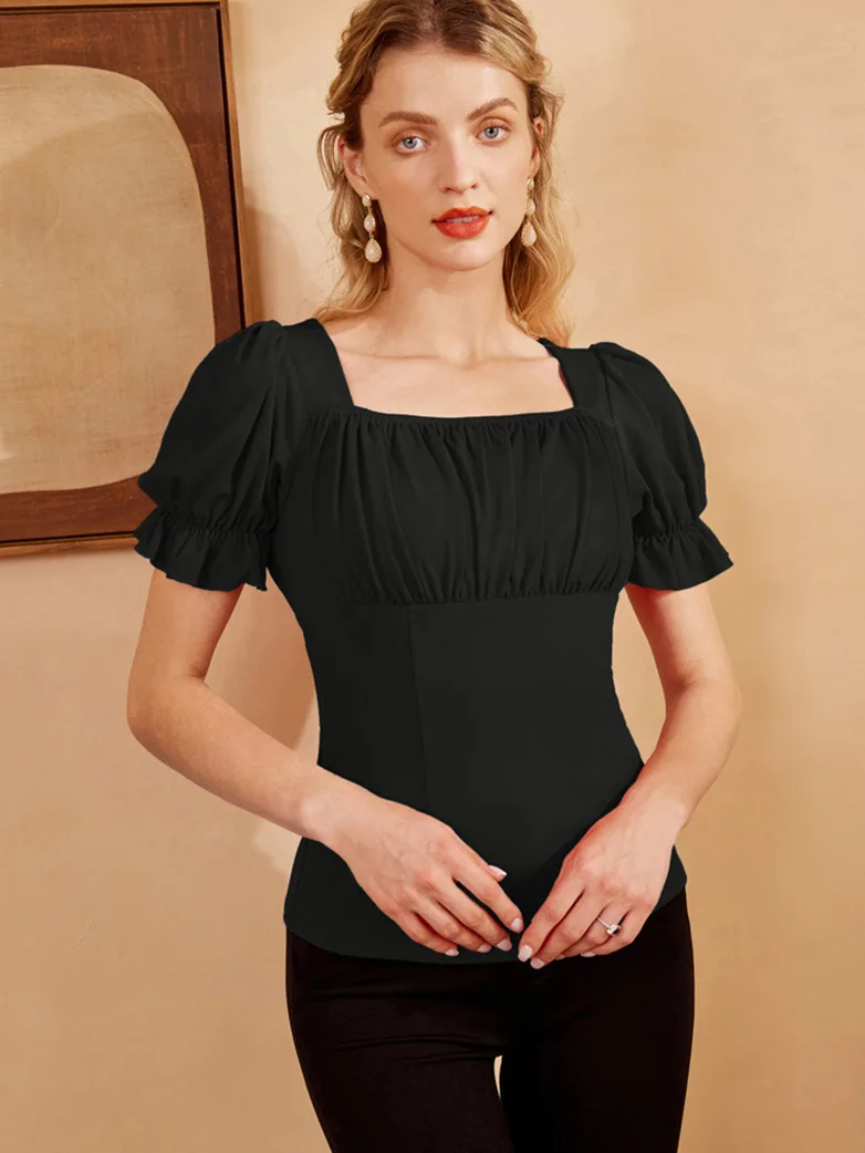 Square Neck Slim Fit Short Sleeve Ruched Tops