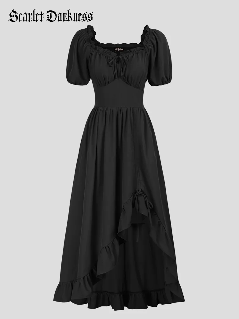 Women Victorian Square Neck Drawstring Lace Maxi Dress
