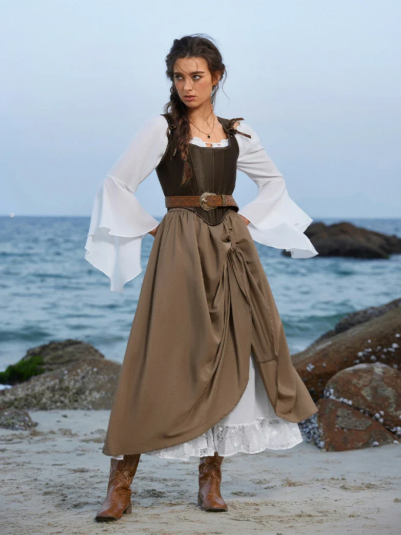 Renaissance Elastic Waist Double-Layer Lace Hem Long Skirts