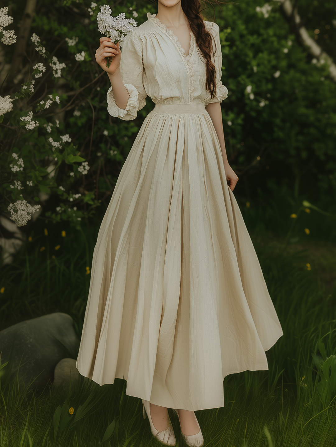 Linen Maxi Dress, Long Sleeves, Lace Collar,  Plain, Tea Party, Apricot