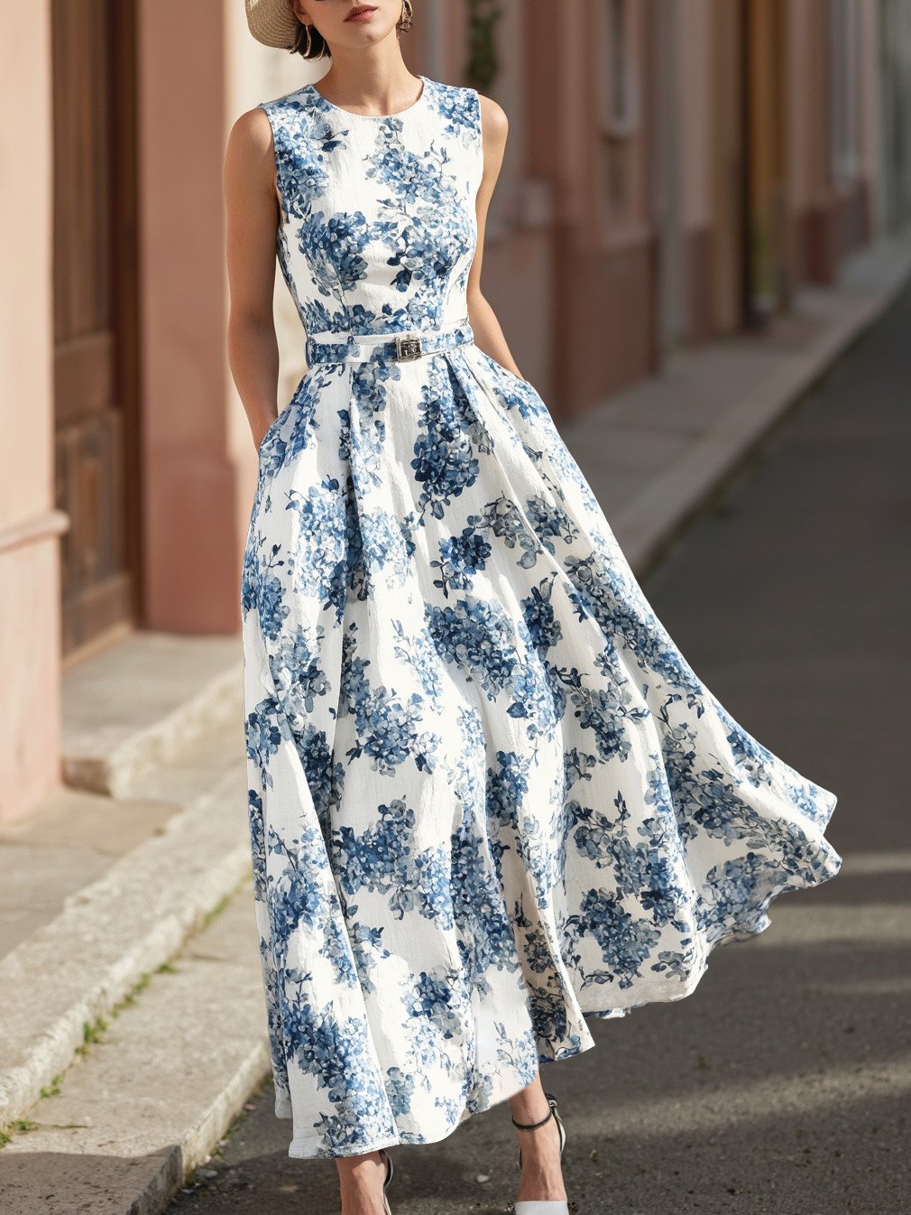 Maxi Linen Dress , Sleeveless, Round Neck, Floral, Belt Design, Vacation, Vintage, Blue