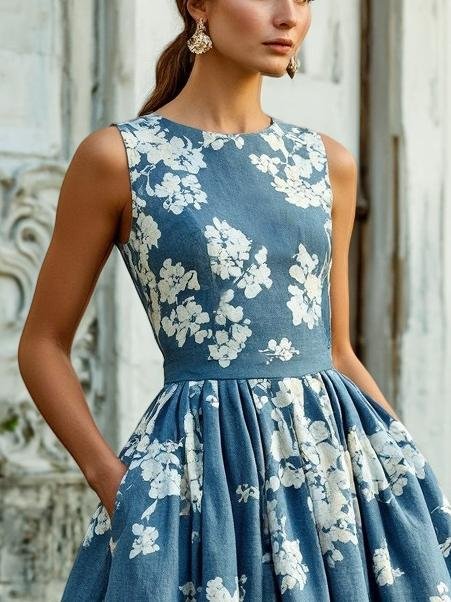 (SIZE:XS-XXL) Midi Linen Dress, Sleeveless, Linen Blend, Floral, Renaissance, Deep Blue