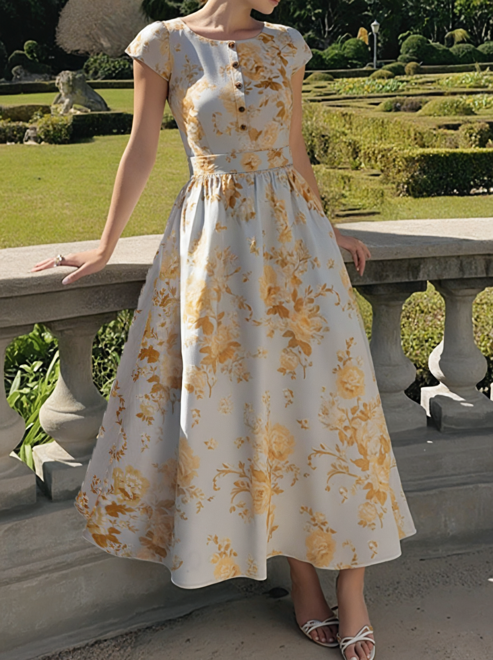 Maxi Linen Dress , Short Sleeves, Round Neck, Floral, Button Design, Vintage, Yellow