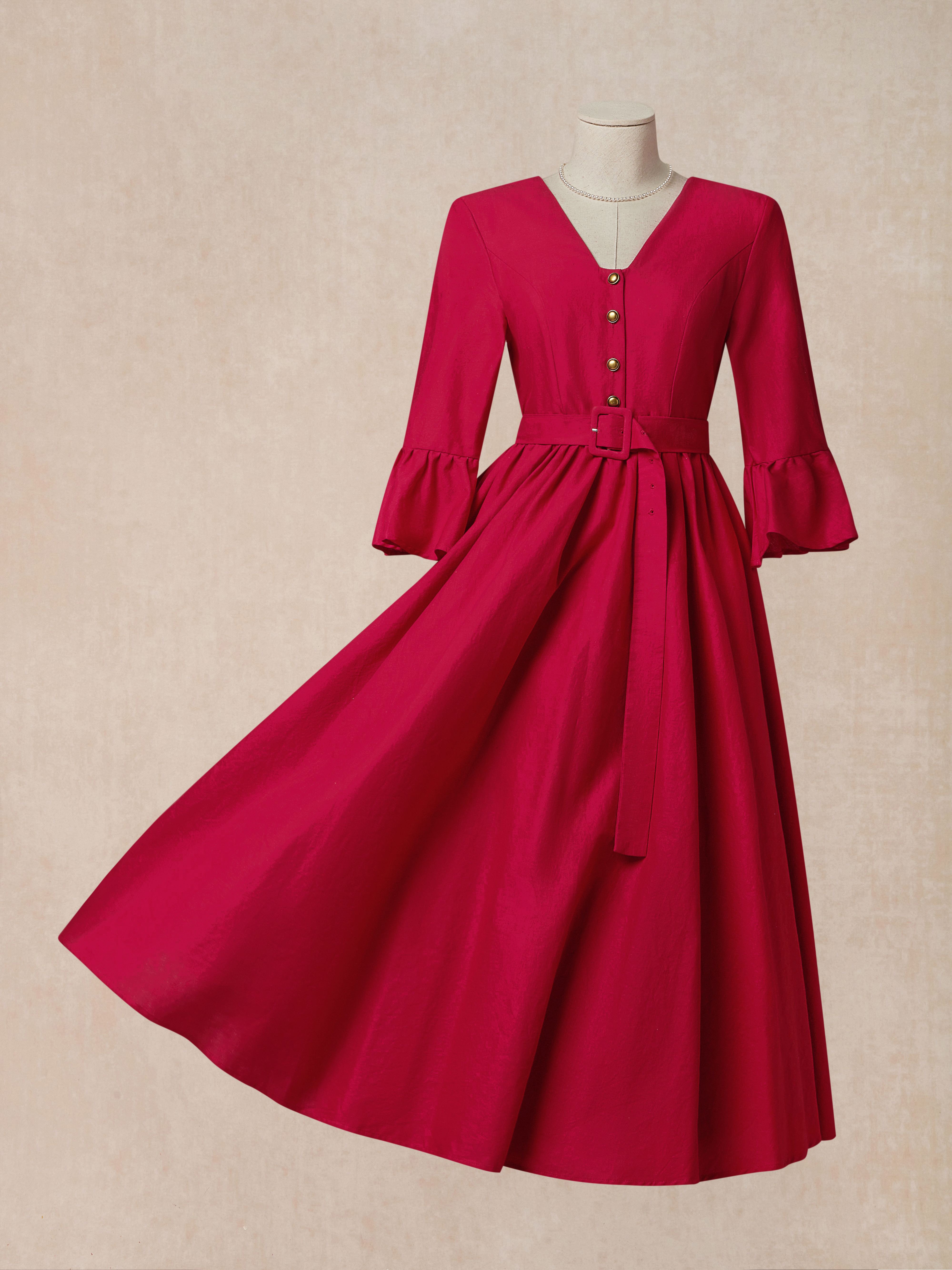 Linen Maxi Dress, 3/4 Sleeve, V Neck, Jane-Inspired Vintage, Tea Party, Linen Blend, Red, Belt