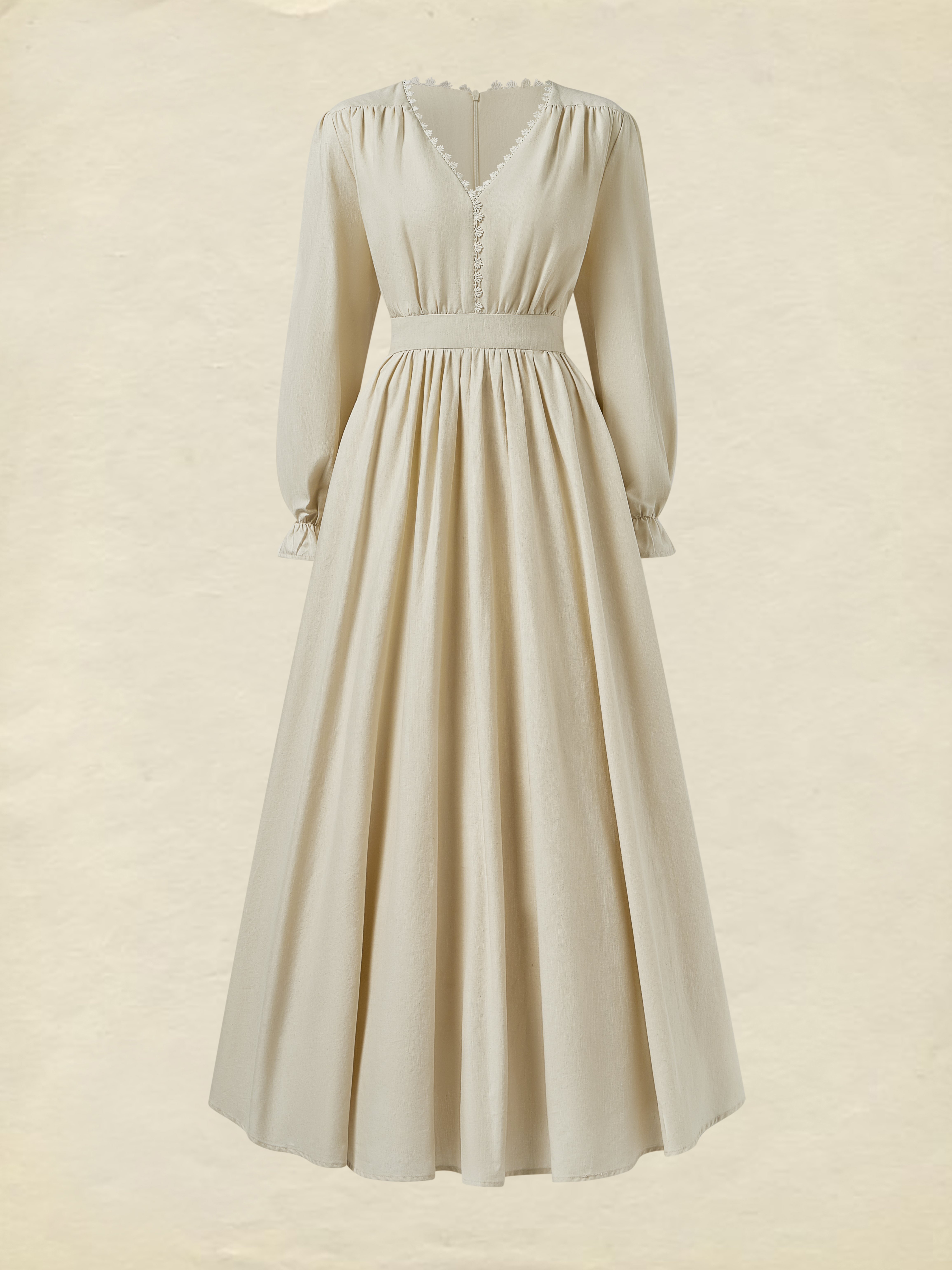 Linen Maxi Dress, Long Sleeves, Lace Collar,  Plain, Tea Party, Apricot