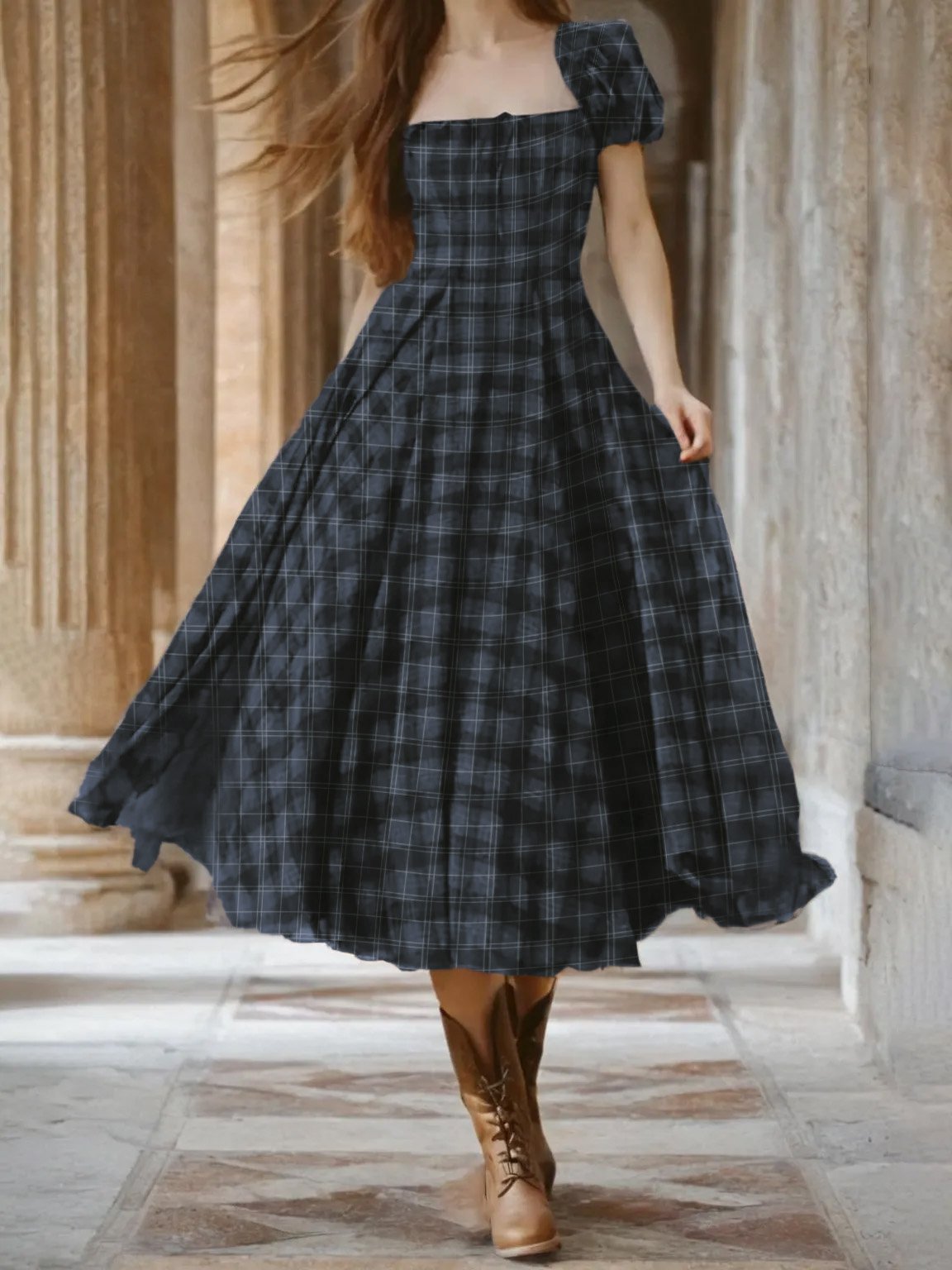 Linen Midi Dress, Short Sleeves, Square Neck, Plaid, Princess Dress, Blue