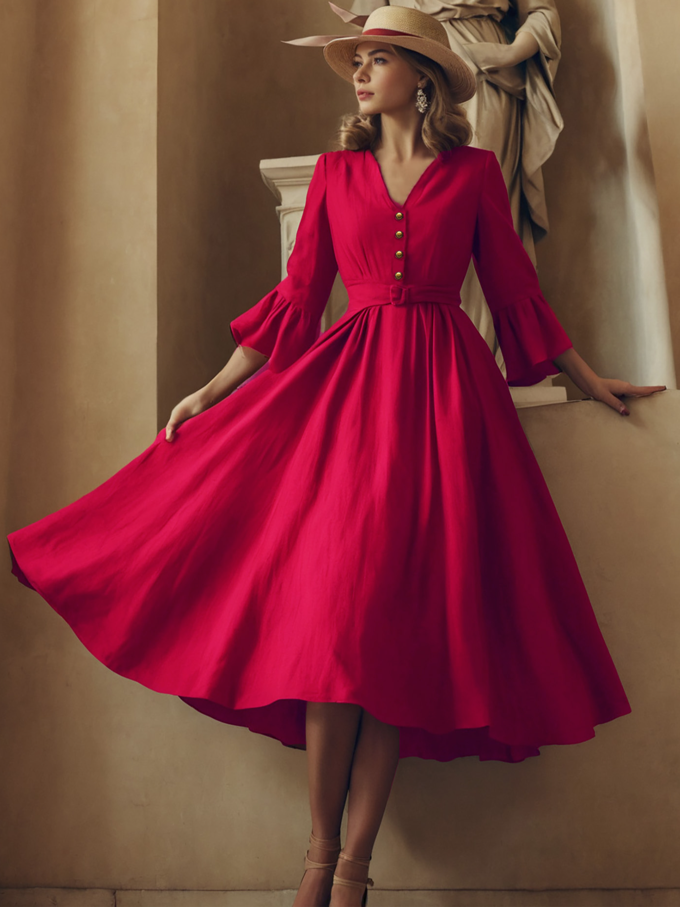 Linen Maxi Dress, 3/4 Sleeve, V Neck, Jane-Inspired Vintage, Tea Party, Linen Blend, Red, Belt