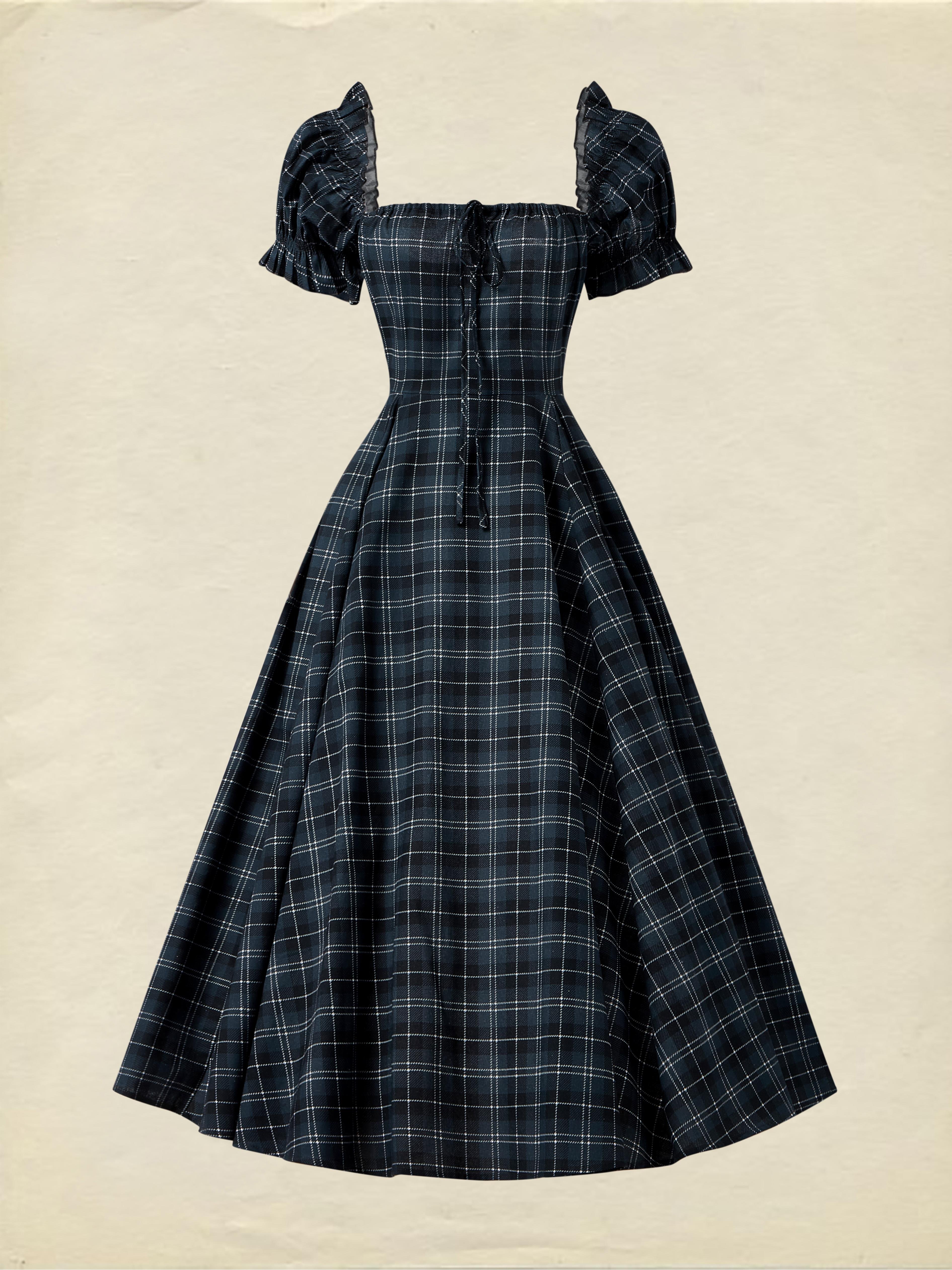 Linen Midi Dress, Short Sleeves, Square Neck, Plaid, Princess Dress, Blue