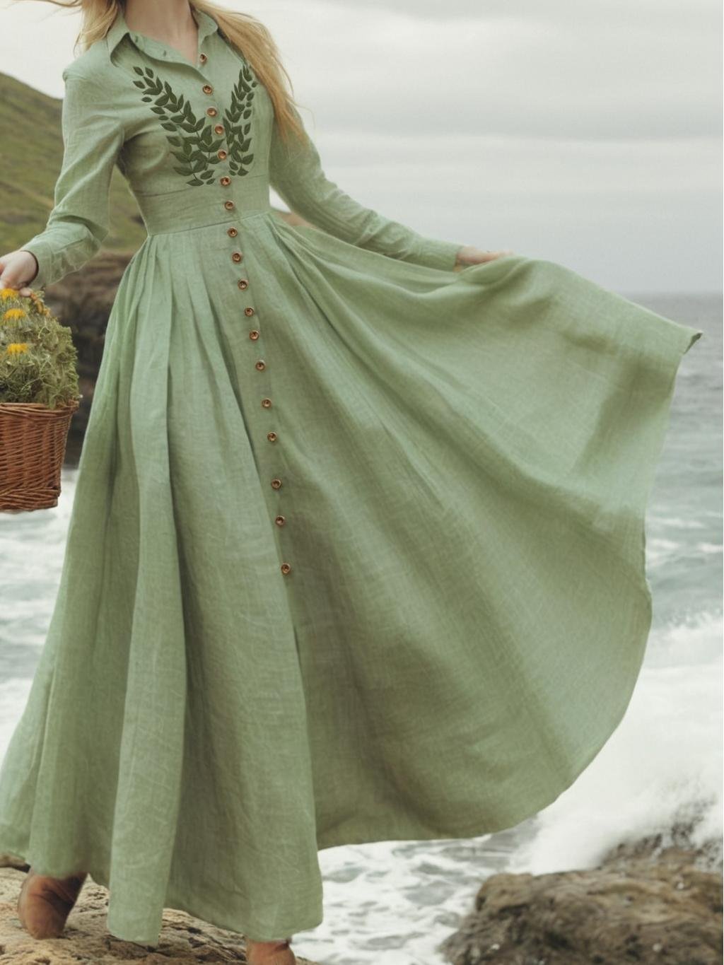Linen Maxi Dress, Shawl Collar, Shawl Collar, Long Sleeve, Tea Party, Linen Blend, Floral, Green