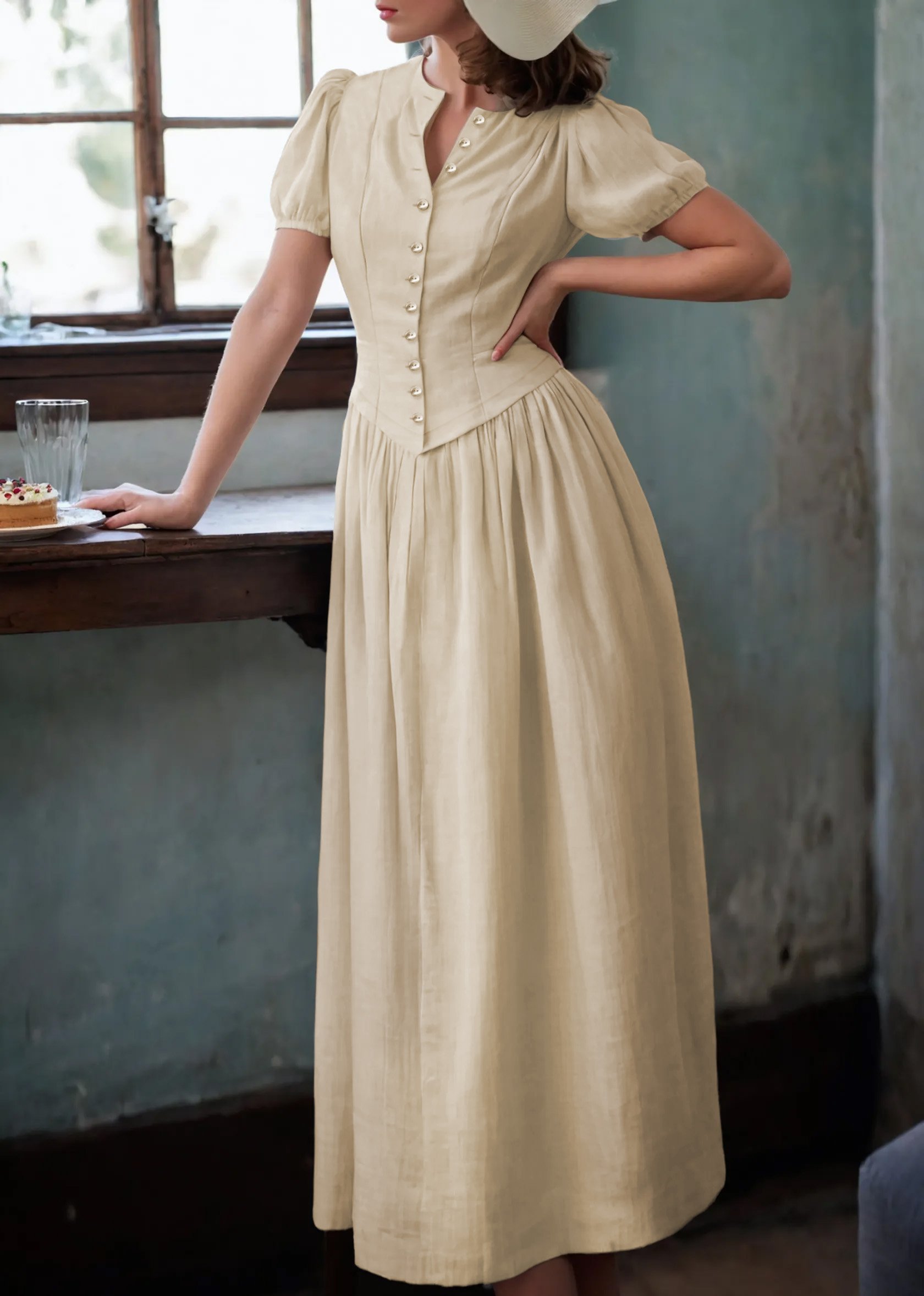 Linen Maxi Dress, Short Sleeve, Princess-cut Waist,  Crew Neck, Tea Party, Linen Blend, Plain
