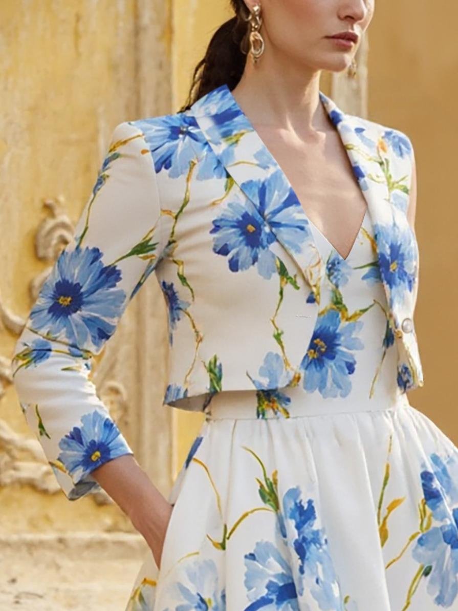 Linen Blazer , Long Sleeves, Shawl Collar, Floral, Vintage, White