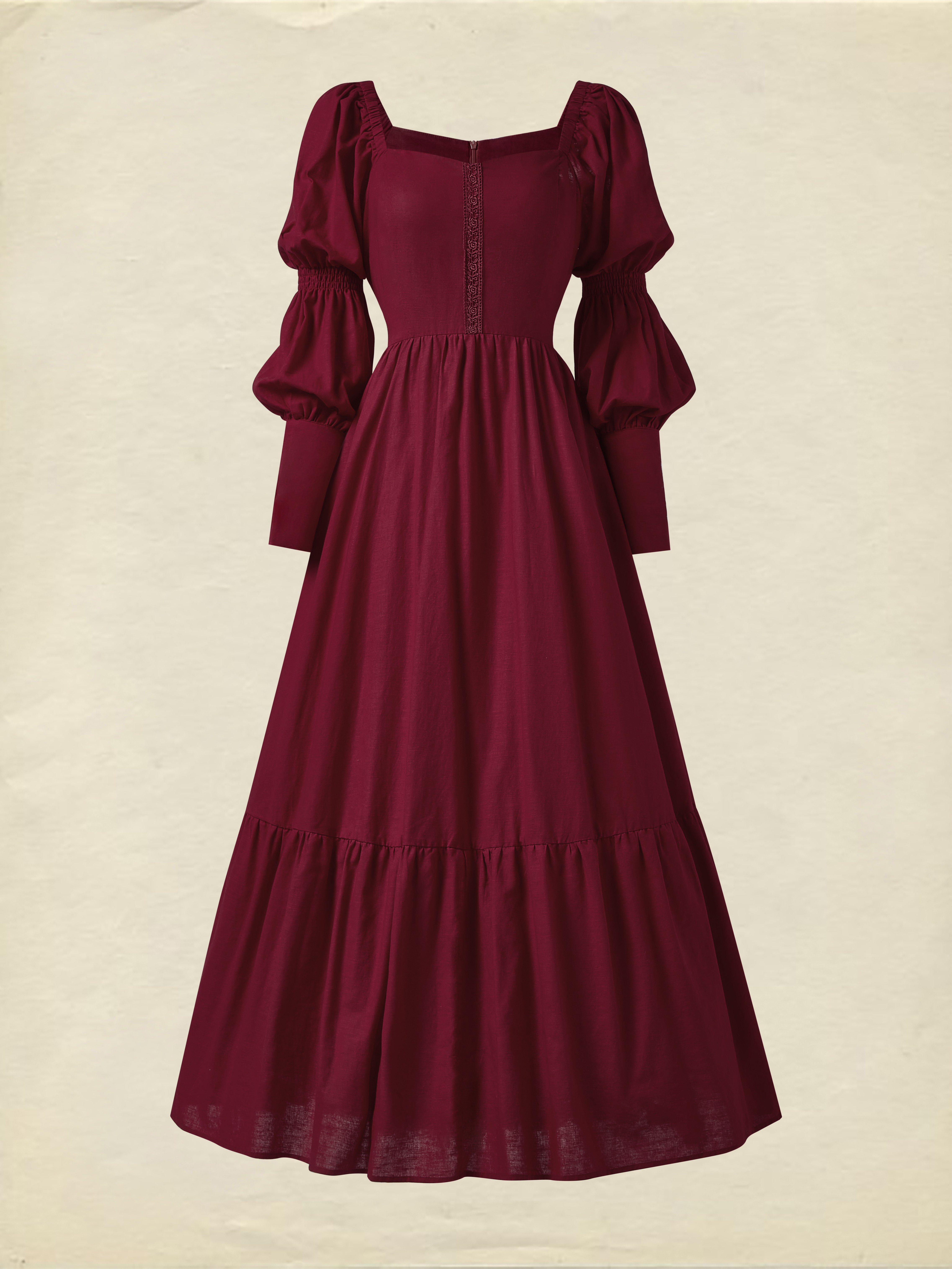 Linen Maxi Dress, Long Sleeves, Crew Neck, Victorian Era, Princess Dress, Linen Blend, Dark Red
