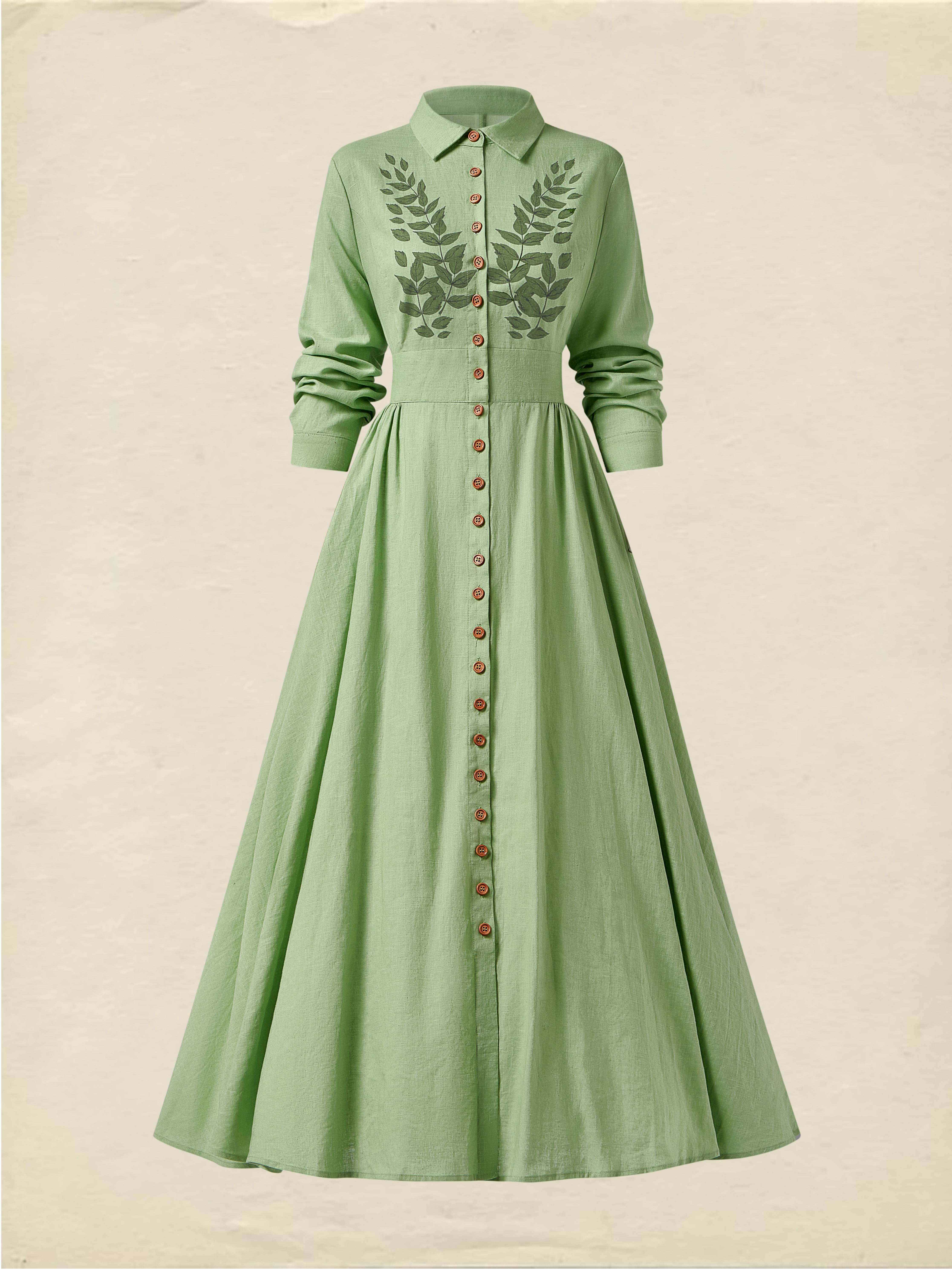 Linen Maxi Dress, Shawl Collar, Shawl Collar, Long Sleeve, Tea Party, Linen Blend, Floral, Green