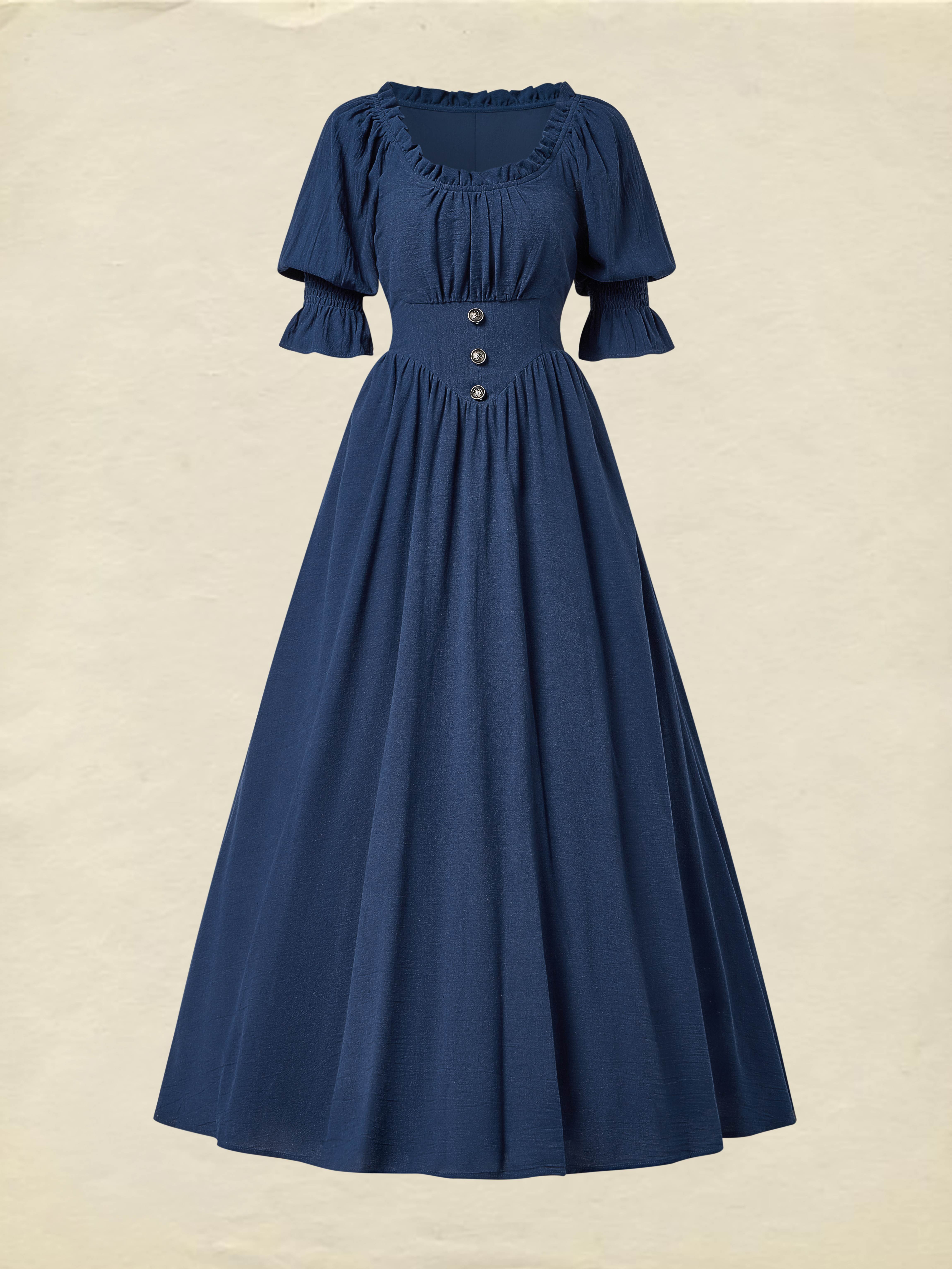 Linen Maxi Dress, Crew Neck, Half Sleeves, Belt, Victorian Style, Princess Dress, Blue