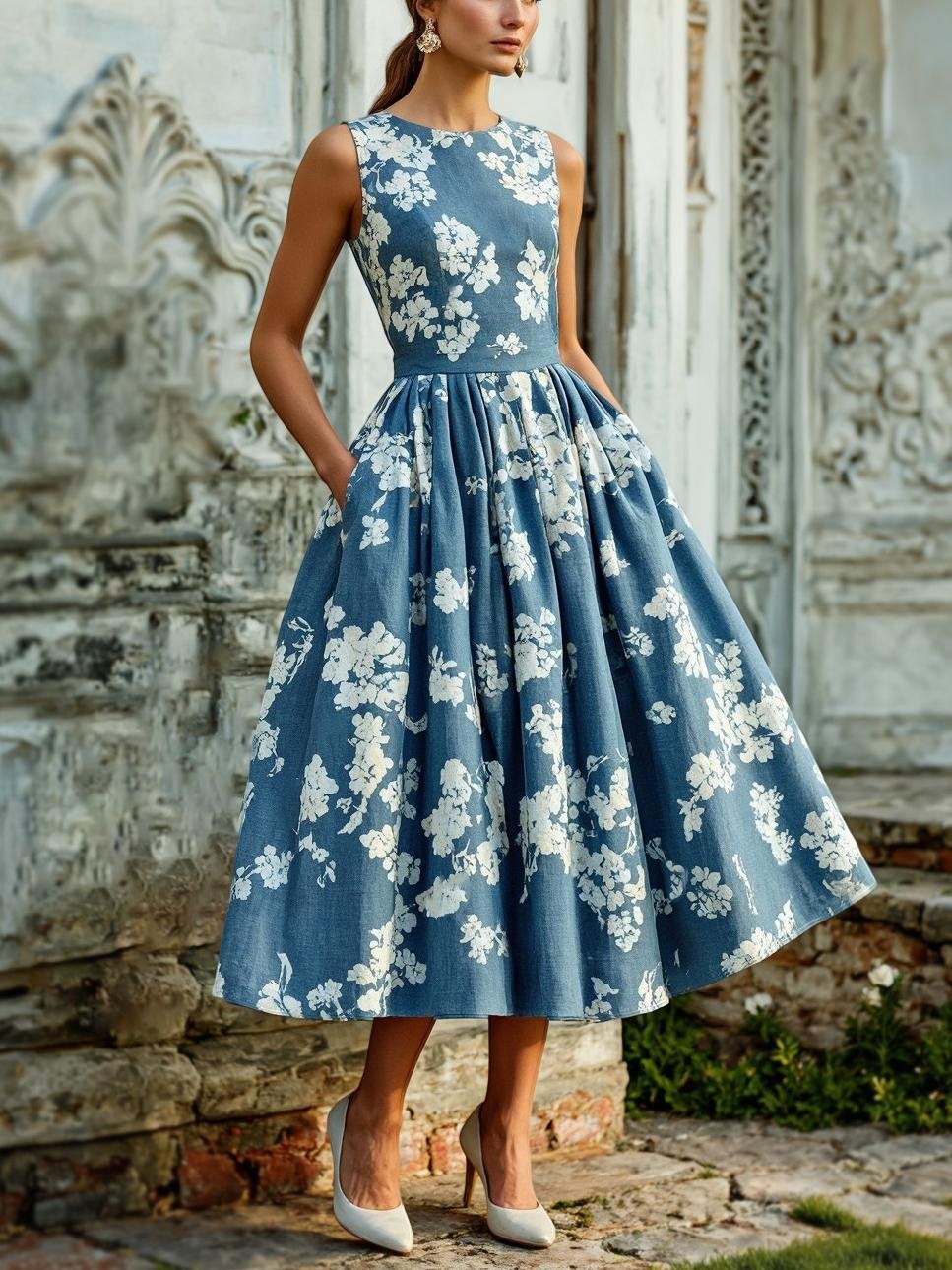 (SIZE:XS-XXL) Midi Linen Dress, Sleeveless, Linen Blend, Floral, Renaissance, Deep Blue