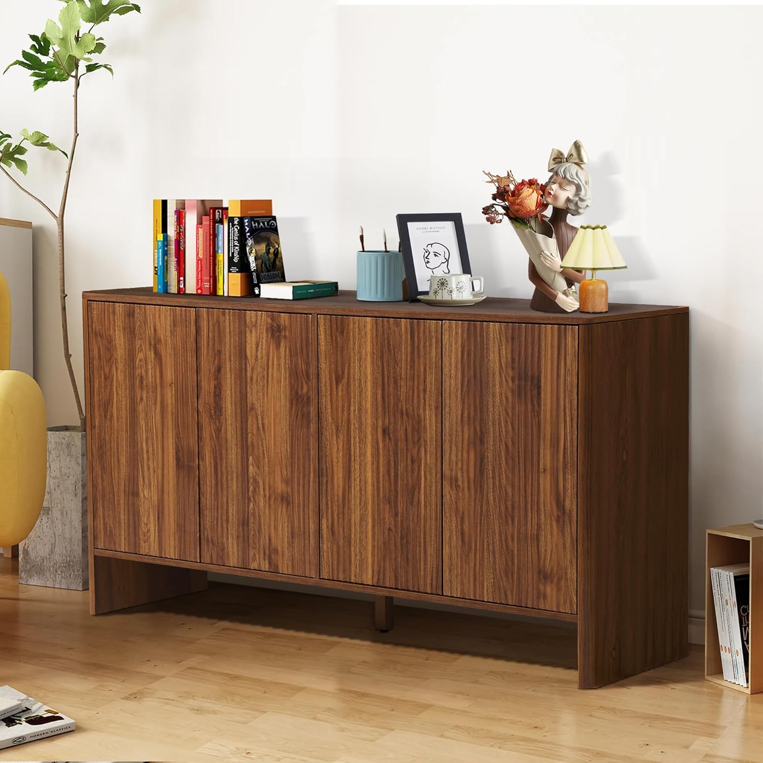 Sideboard Buffets Cabinet, Modern Accent Storage Cabinet with 4 Fluted Doors and Adjustable Shelves, Wood Credenza Buffet Sideboards, Console Table for Kitchen Dining Living Room Entryway