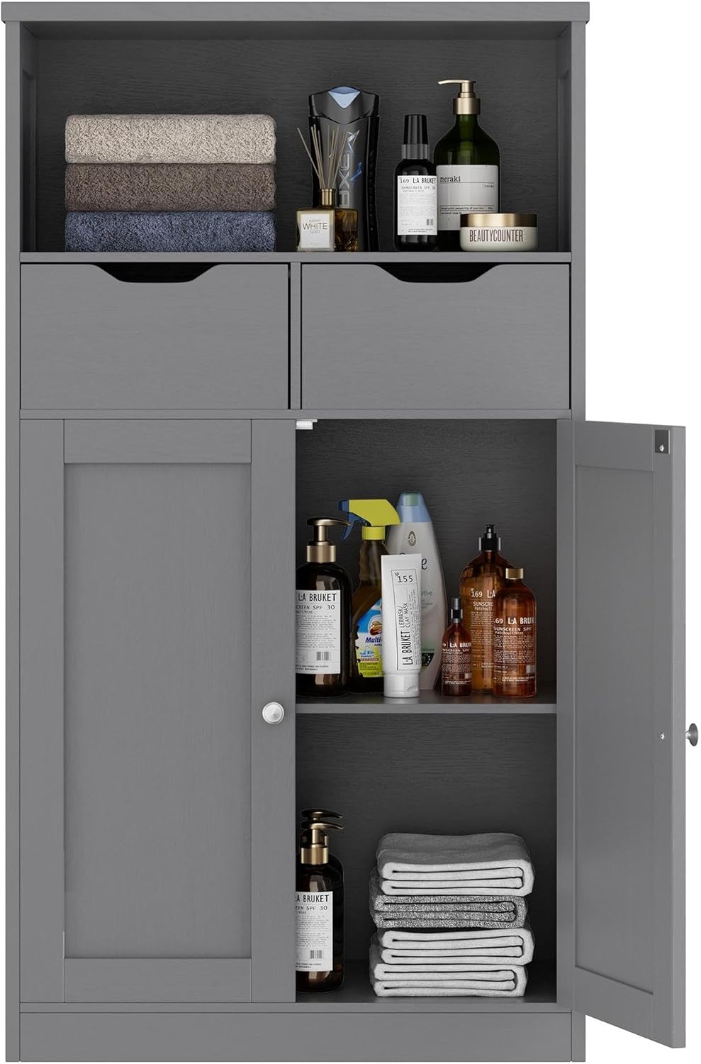 Bathroom Storage Cabinet, Floor Storage Cabinet with 2 Drawers, Doors and Adjustable Shelves, Freestanding Wood Storage Organizer for Bathroom Living Room Kitchen Entryway, White