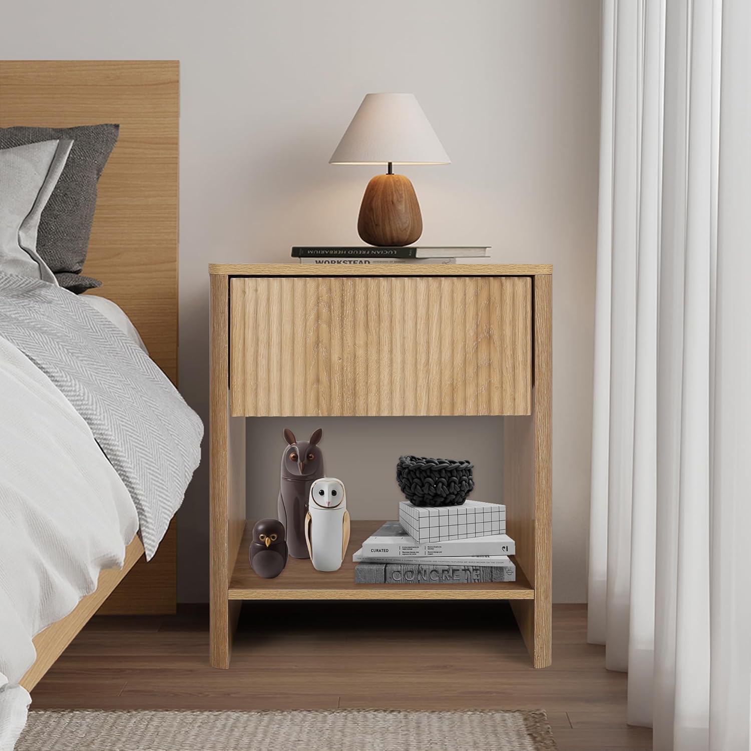 Mid Century Modern Night Stand Set 2 with Drawer, Farmhouse Nightstand for Bedroom, Small End Table with Storage, Living Room/Bed Side Table for Small Spaces, Fluted Cabinet Wood Nightstand