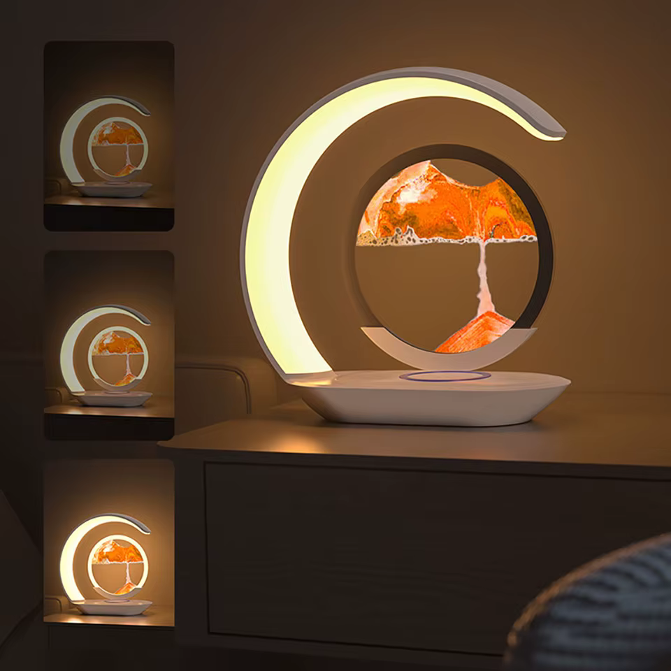 Quicksand Table Lamp USB Wireless Charging Desk Lamp 3D Hourglass Ornaments