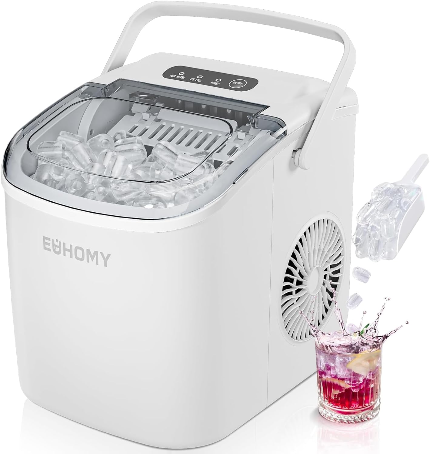 Countertop Ice Maker Machine with Handle, 26lbs Per Day, 9 Ice Cubes Ready in 6 Mins, Auto-Cleaning Portable Ice Maker with Basket and Scoop, for Home/Kitchen/Camping/RV (Silver)