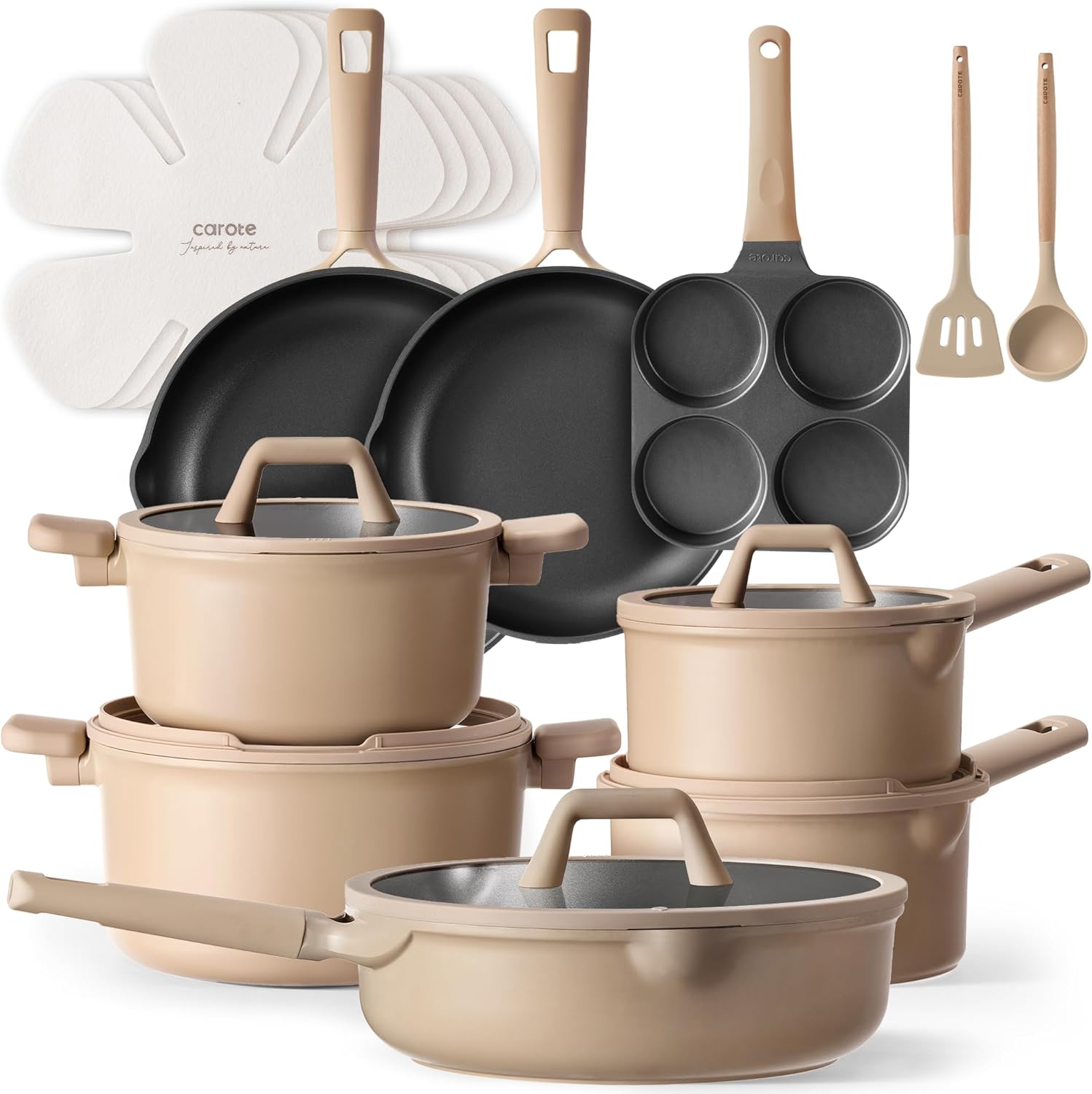 19pcs Nonstick Cookware Set, Pots and Pans Set Non Stick, kitchen Cooking Set, Premium Induction Cookware, Frying pan, Large Capacity Granite, Brown