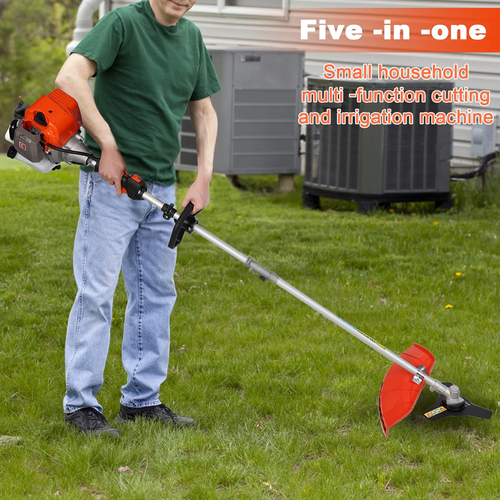 Gas Weed Trimmer, 5 in 1 Lawn Mower, Cordless Hedge Trimmer, 2-Stroke Brush Cutter, Handheld Chainsaw Hedge Pruner-Orange