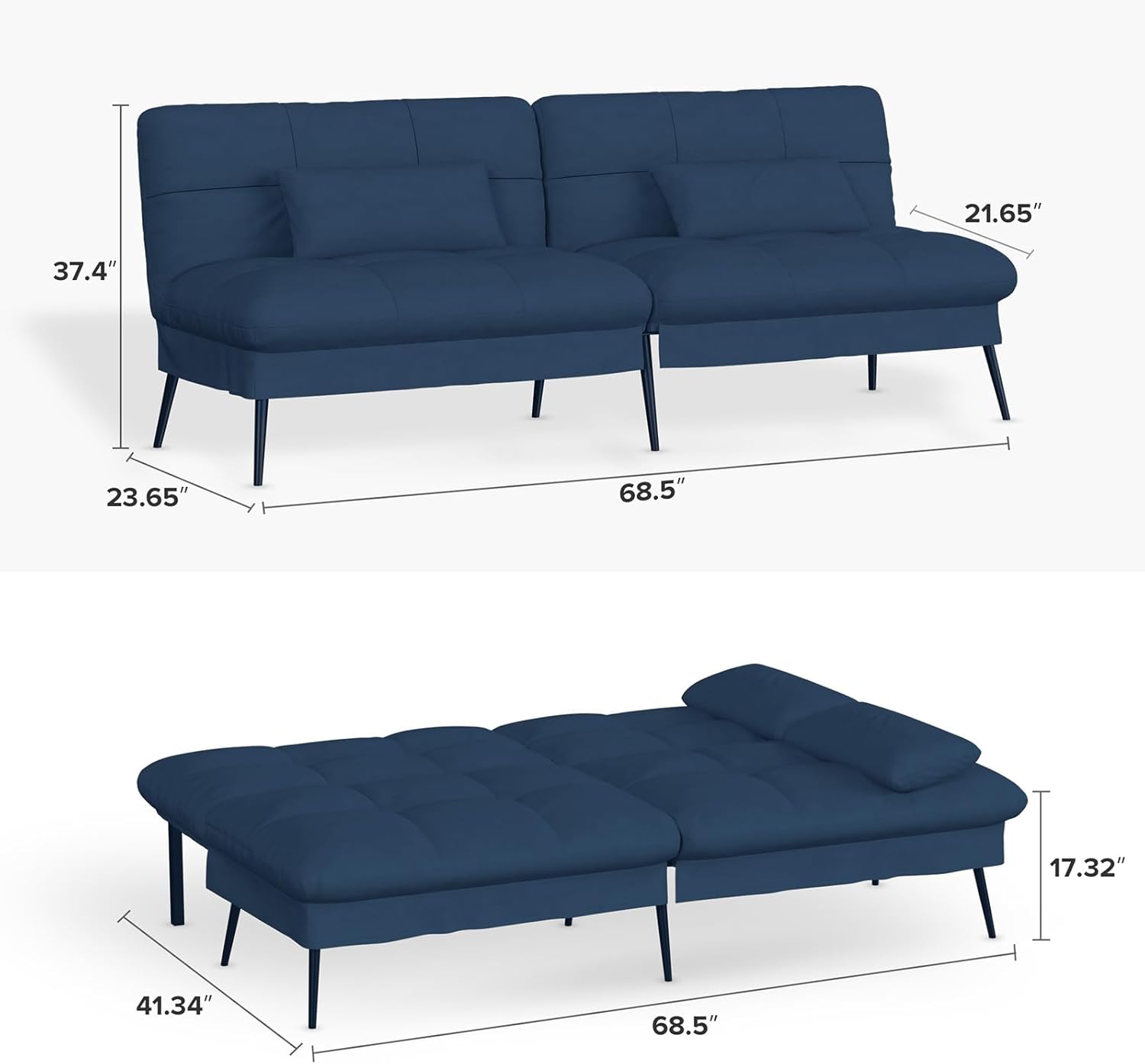 Convertible Sofa Bed,68″Fabric Couch with Adjustable Backrest,Loveseat Recliner Sleeper Living Room Furniture futon Set
