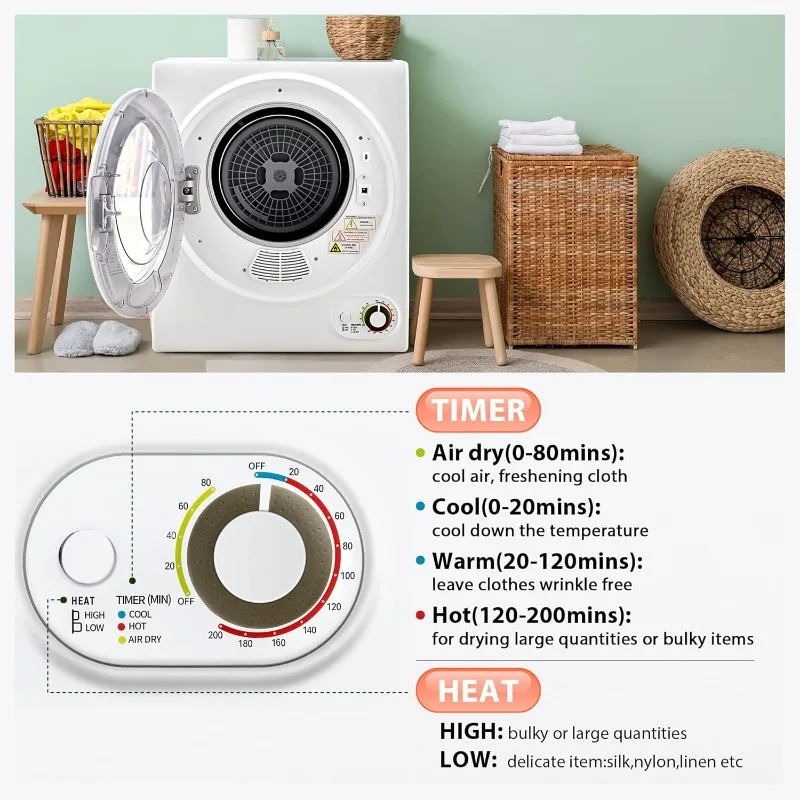 110V Portable Clothes Dryer 850W Compact Laundry Dryers 1.5 cu.ft Front Load Stainless Steel Electric Dryers Machine with Stainless Steel Tub for Apartment,RVs,Dorms,White Easy Control