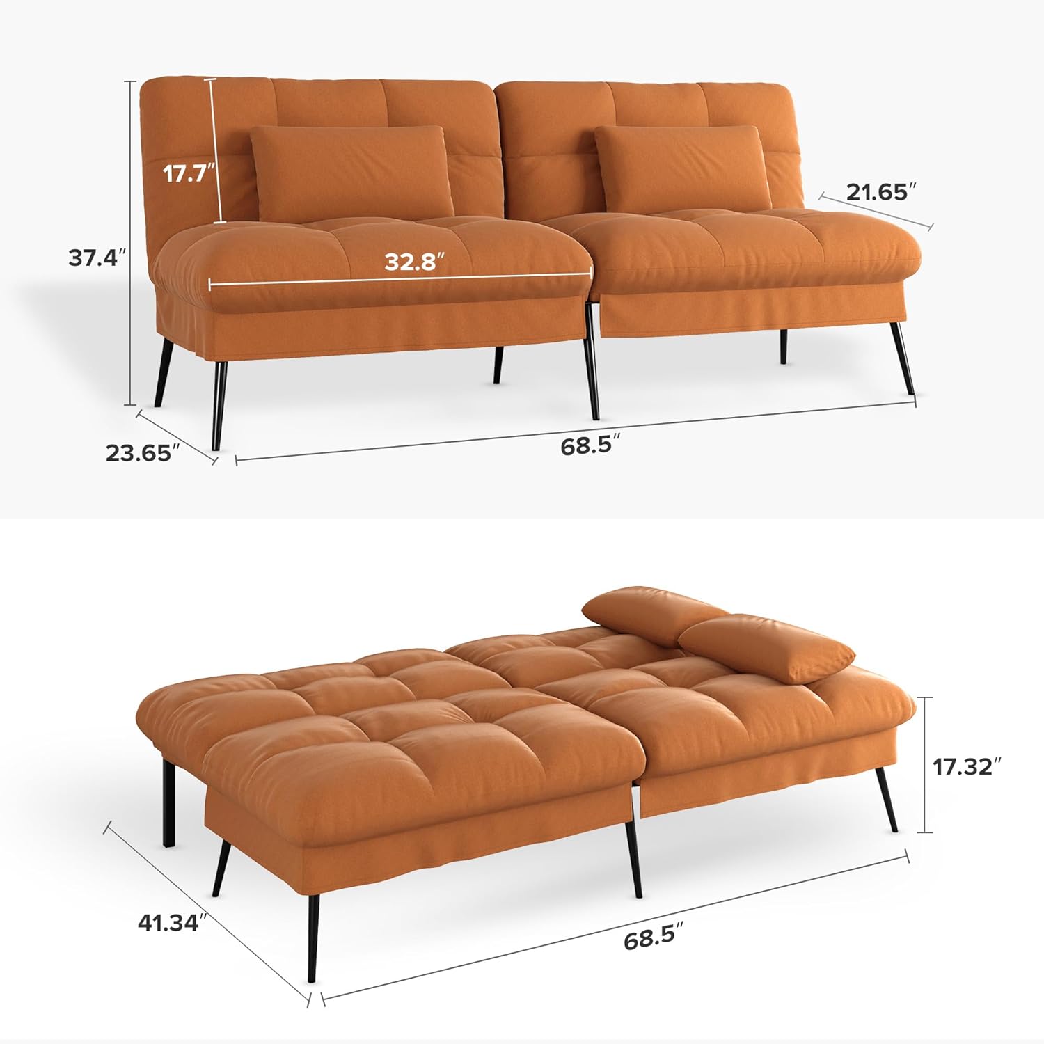 Convertible Sofa Bed,68″Fabric Couch with Adjustable Backrest,Loveseat Recliner Sleeper Living Room Furniture futon Set