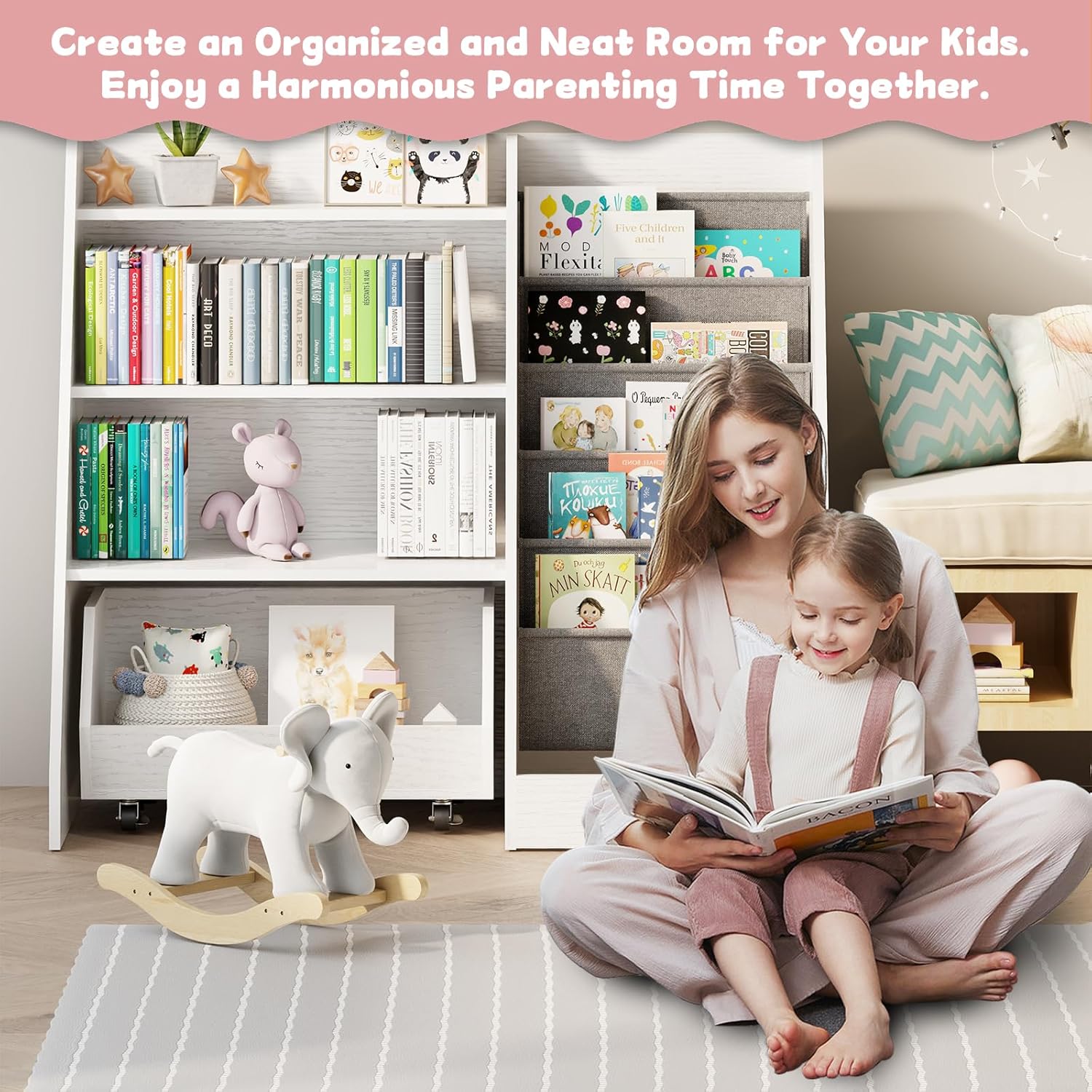 Kids Bookshelf and Toy Storage, 4 Tier Toddler Bookshelf with Movable Drawer 5 Sling Pockets, Montessori Book Shelf for Kids Room, Playroom, Nursery (Oak)