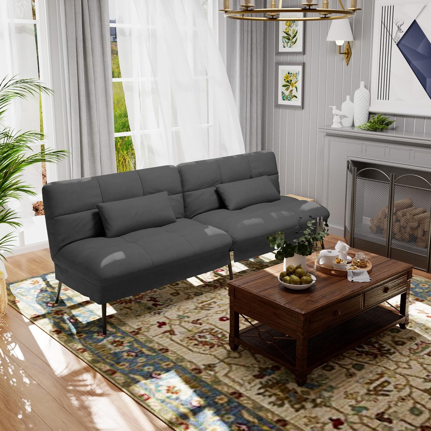 Convertible Sofa Bed,68″Fabric Couch with Adjustable Backrest,Loveseat Recliner Sleeper Living Room Furniture futon Set