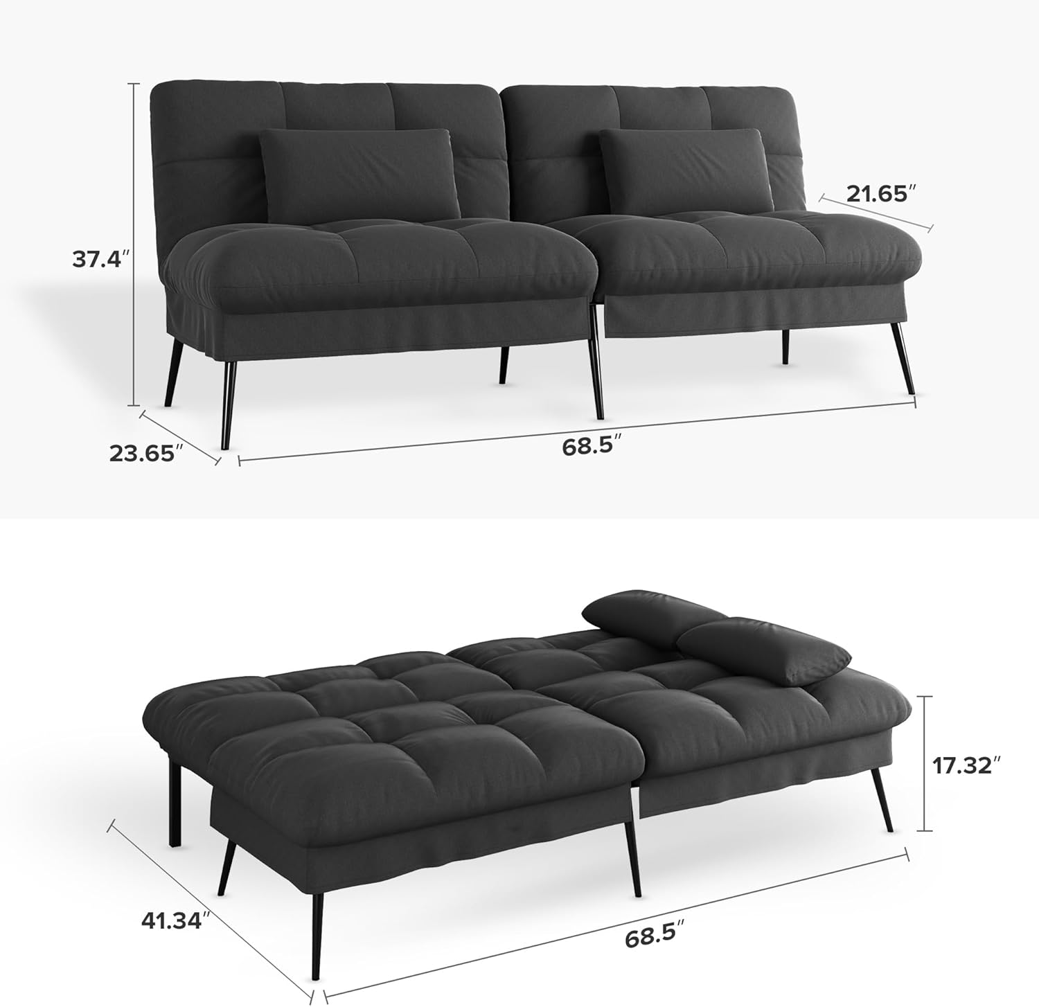 Convertible Sofa Bed,68″Fabric Couch with Adjustable Backrest,Loveseat Recliner Sleeper Living Room Furniture futon Set