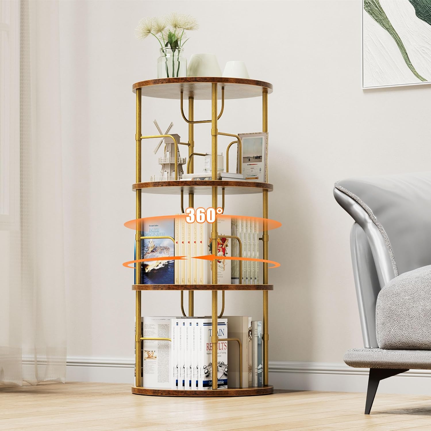 5 Tier Rotating Bookshelf, 360° Corner Bookshelf Tower, Round Revolving Bookcase with Special Visible Partition Storage, Narrow Book Shelf Organizer for Living Room, Small Space
