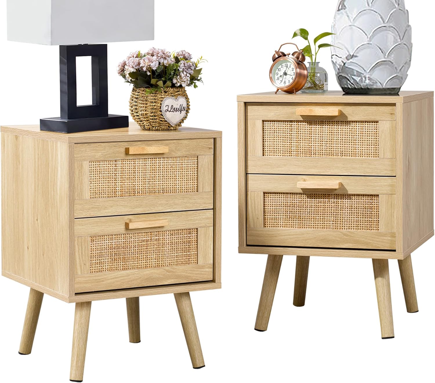 Nightstand, End Table, Side Table with 2 Hand Made Rattan Decorated Drawers, Nightstands Set of 2, Wood Accent Table with Storage for Bedroom