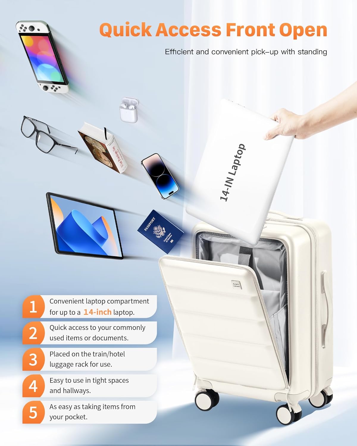 20 IN Carry On Luggage 22x14x9 Airline Approved - Front Pocket Hardside Travel Suitcase Unbreakable