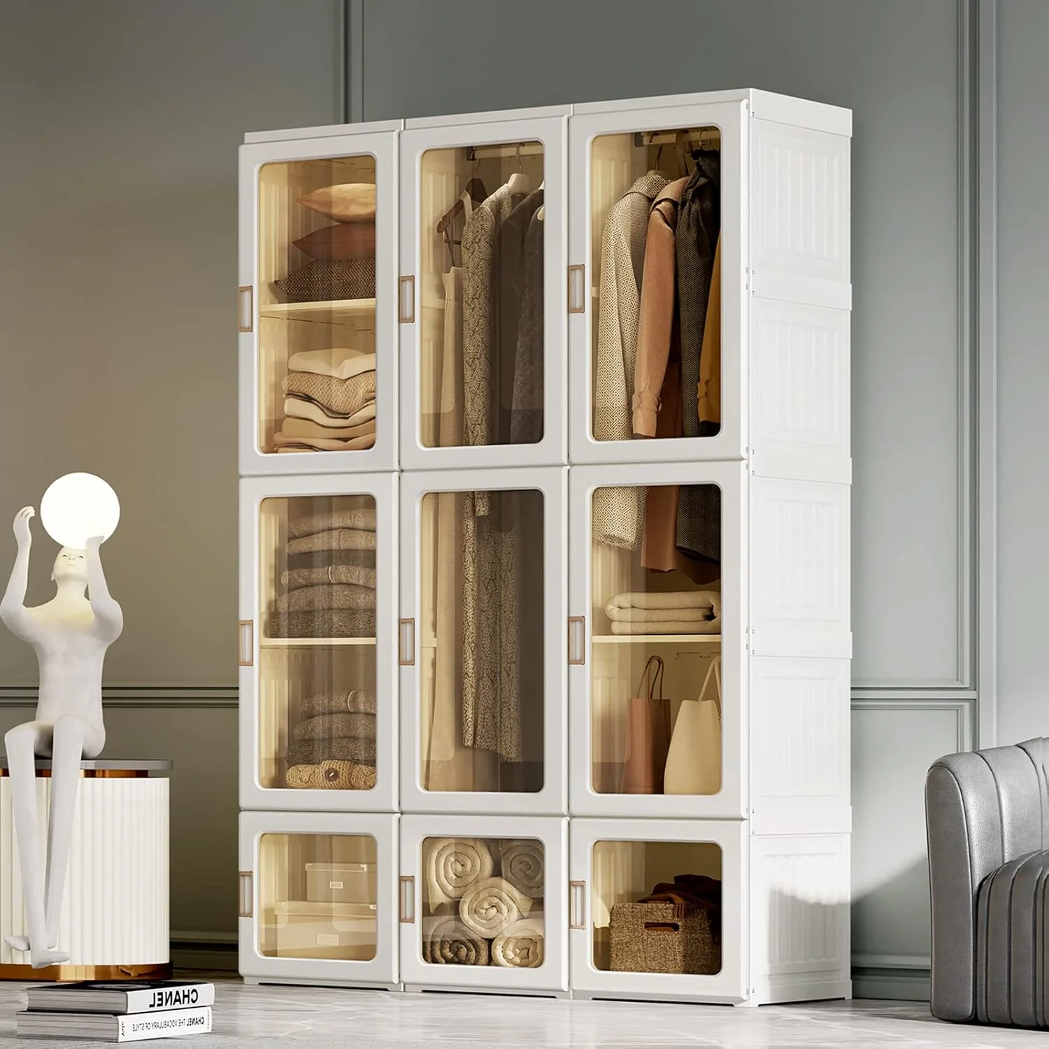 Portable Wardrobe with Magnetic Door, 8 Cubes & 2 Hanging Rods