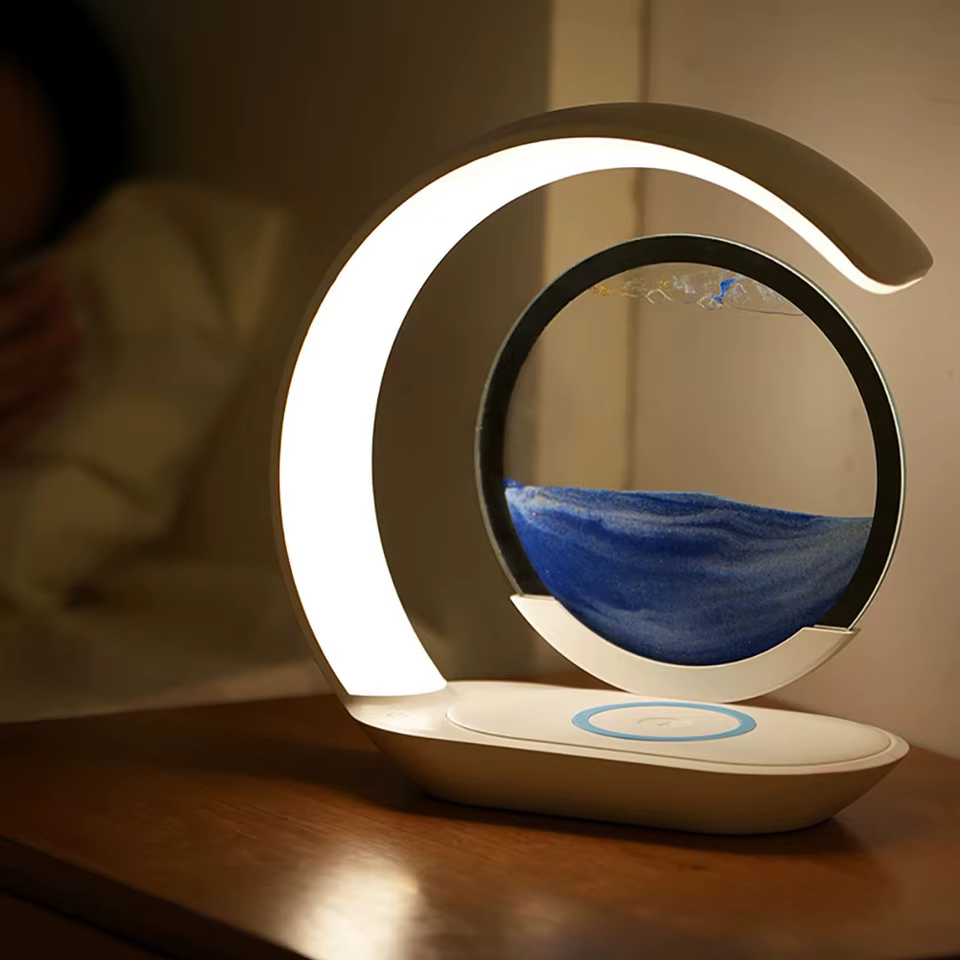 Quicksand Table Lamp USB Wireless Charging Desk Lamp 3D Hourglass Ornaments