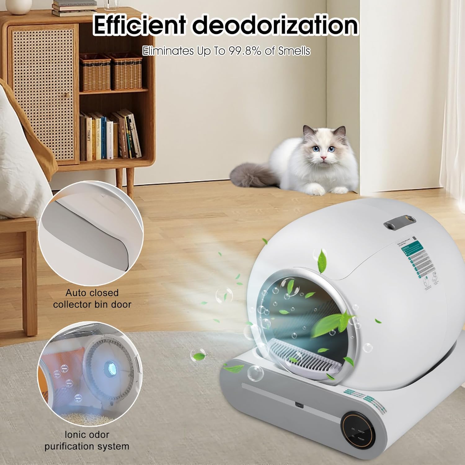 Self Cleaning Cat Litter Box, Automatic Cat Litter Box Self Cleaning for Multiple Cats, App Control, Smart Safety Anti-Pinch/Odor-Removal Design, 65L+9L Large Capacity (White)