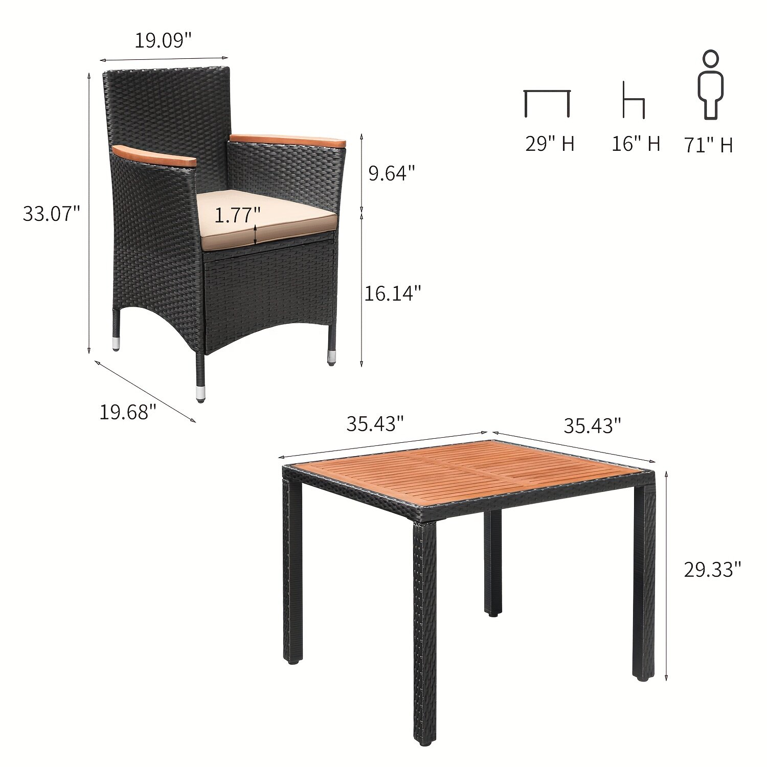 PE rattan + acacia wood table and chair set