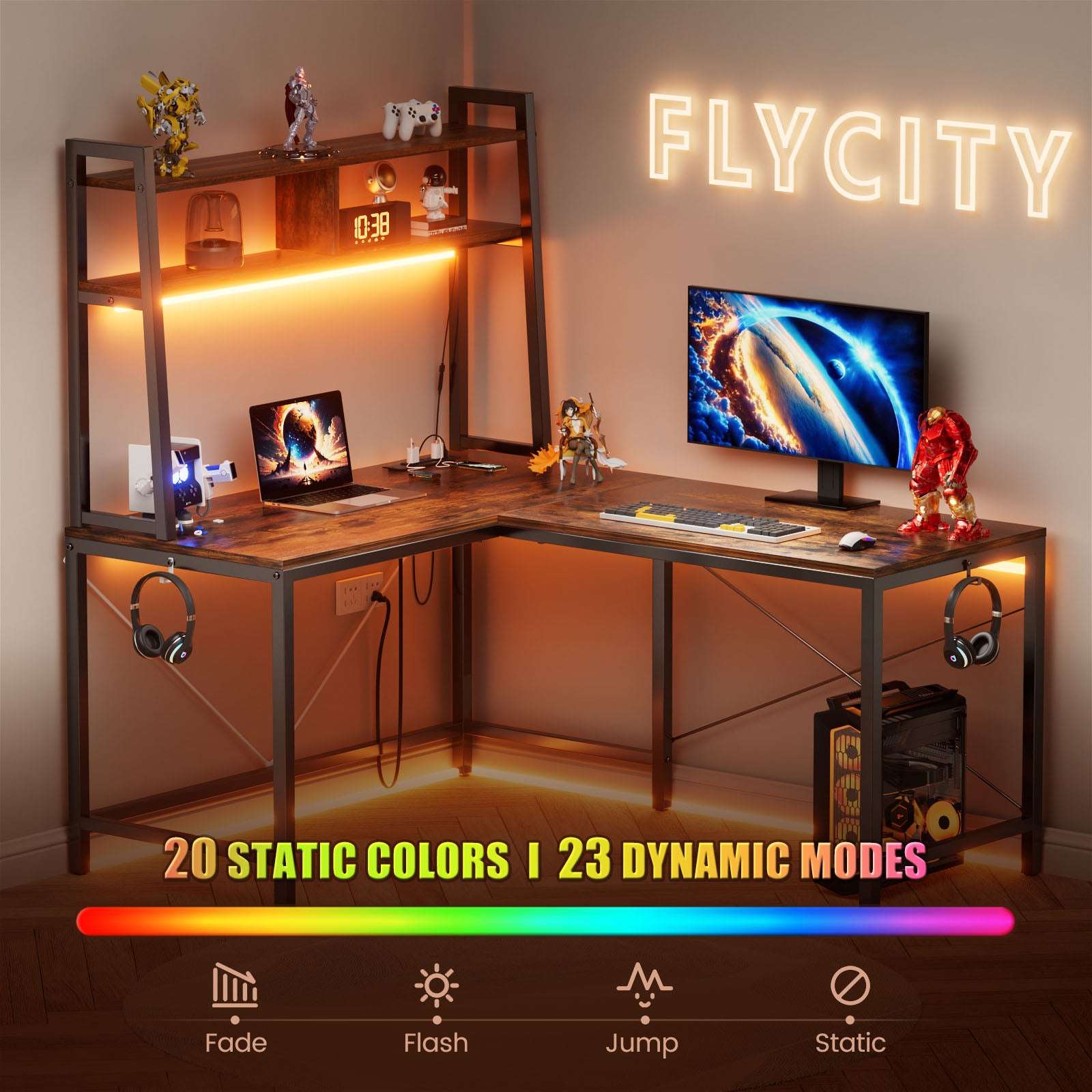 L-Shaped Gaming Desk With Led Lights & Power Outlets